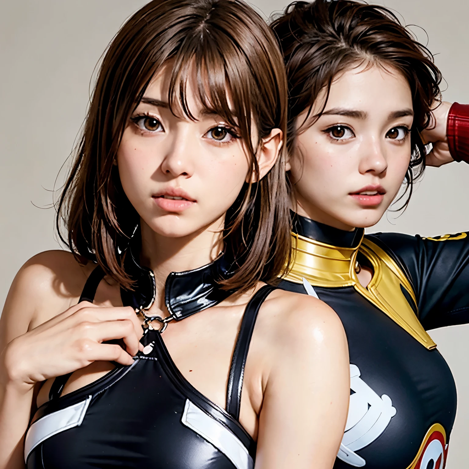Create a Boku no hero anime style character with brown eyes, brown hair below the shoulders, miel morena clara, con poderte la bruja escarlata con el uniforme de la UA, estilo horikoshi