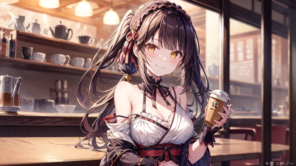 (original photo, best quality), 1 girl, Tokisaki Kurumi, natural lighting, Upper body, cafes, Smile, Satosh Khan Art Style