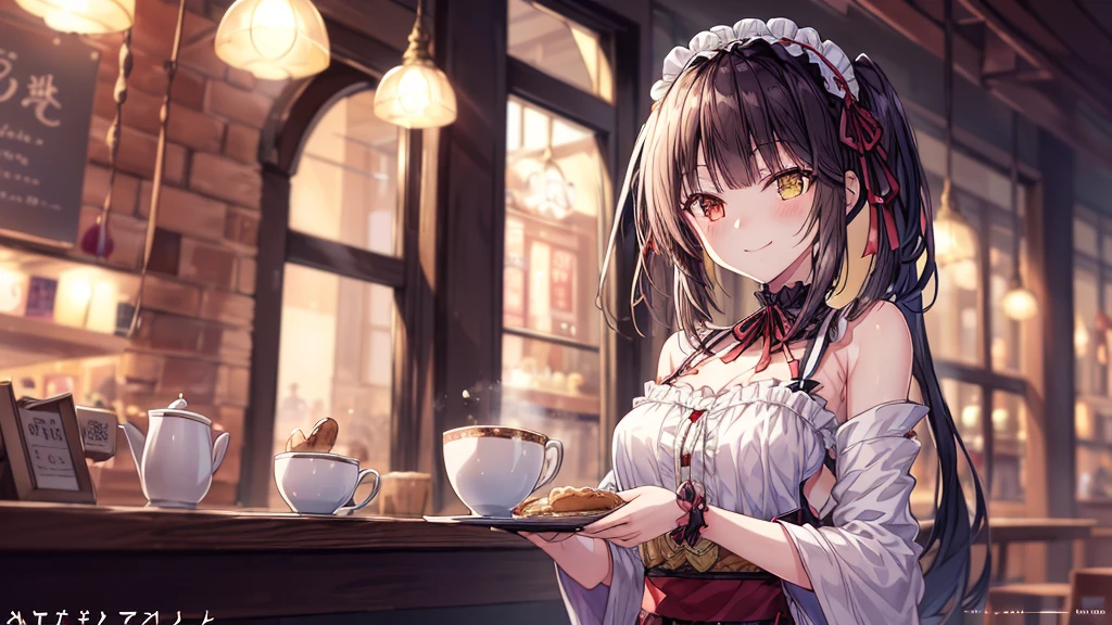 (original photo, best quality), 1 girl, Tokisaki Kurumi, natural lighting, Upper body, cafes, Smile, Satosh Khan Art Style