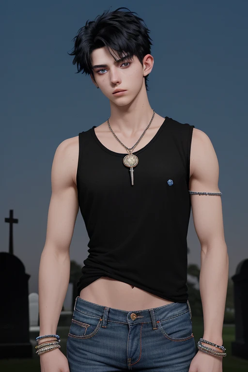 20-year-old boy, short black hair, red locks, white sleeveless shirt, slim muscular build, blue jeans, looking straight at the viewer, blue eyes, Trisquel medallion, black bead bracelets on both arms in the background of a cemetery at night with the moon 