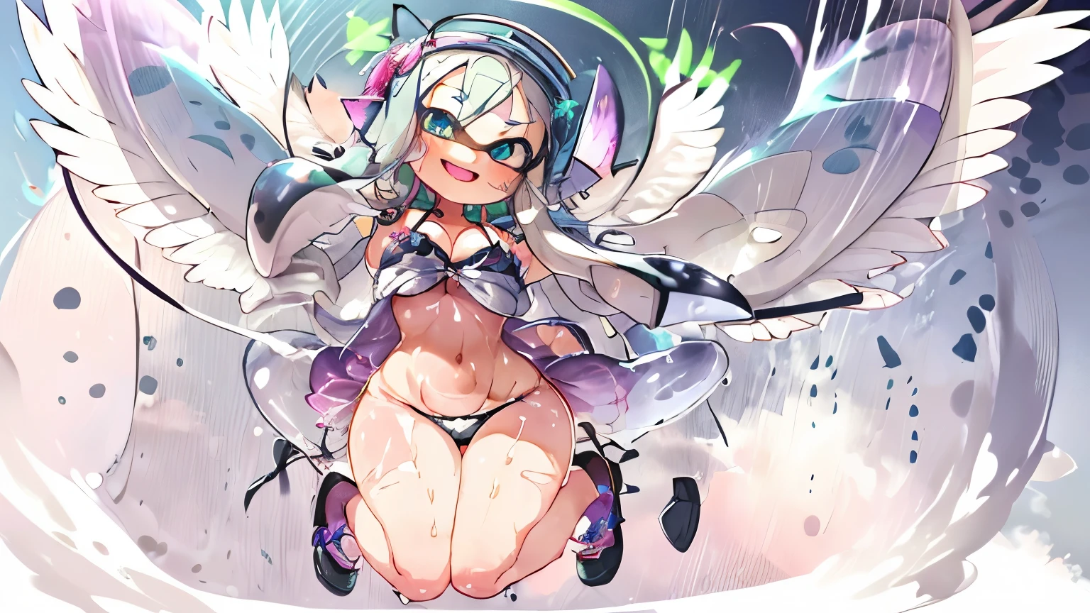 Splatoon Girl、whole body、3D、real anime、wide angle、(smile with wide open mouth)、(big breasts)、cleavage、wet chest、thin waist、blush、cheek、lipstick、wings are growing、Flapping on white wings、landing_wings、big and cute eyes、beautiful eyes、dynamic pose、flying in the sky、