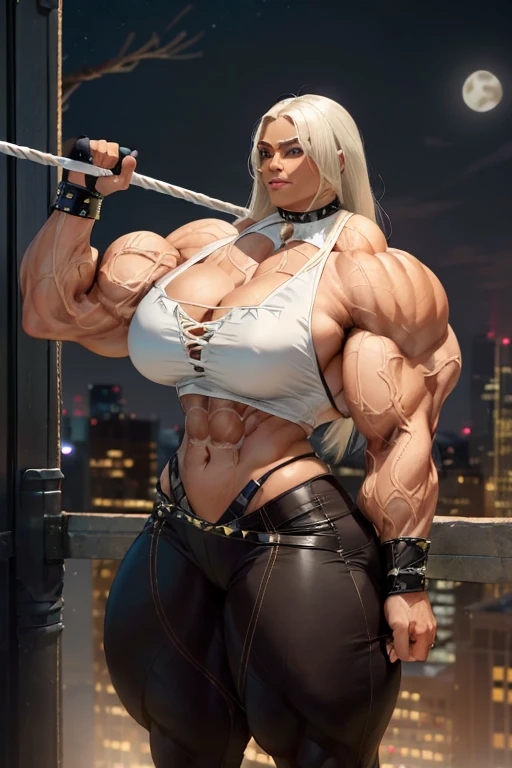 (((((Massive tall, beautiful, buff, brown skinned muscular woman with white hair, ginormous bulky muscles, holding a bull whip and wearing a black cat costume with pants))))), cleavage, close view, massive muscle, massive biceps, hyper muscle shoulders, (massive muscle arms), vascular shoulders, hyper muscle triceps, (long straight hair), blue eyes, choker, bull whip, (fingerless gloves), studded wristbands, black boots, (on a ledge in New York city), confidant smile, night, hyper vascular arm, hyper muscles arms, hyper muscle legs, (massive arms).