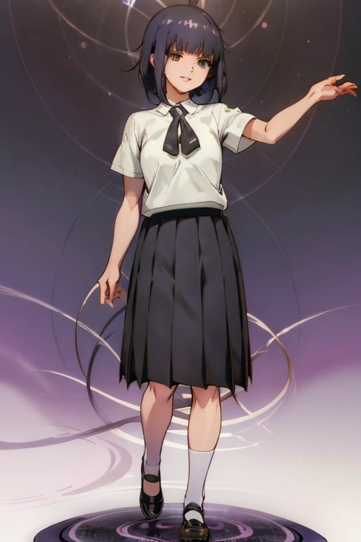 full body, 1girl, open mouth, detailed face, black hair, gloss hair, black eyes, highres, highly detailed face, Detailed eyes, white shirt, short sleeves, black stockings, high stockings, pleated skirt, evil smile, commanding pose, standing up, magic circle in the background, purple aura, detailed background,