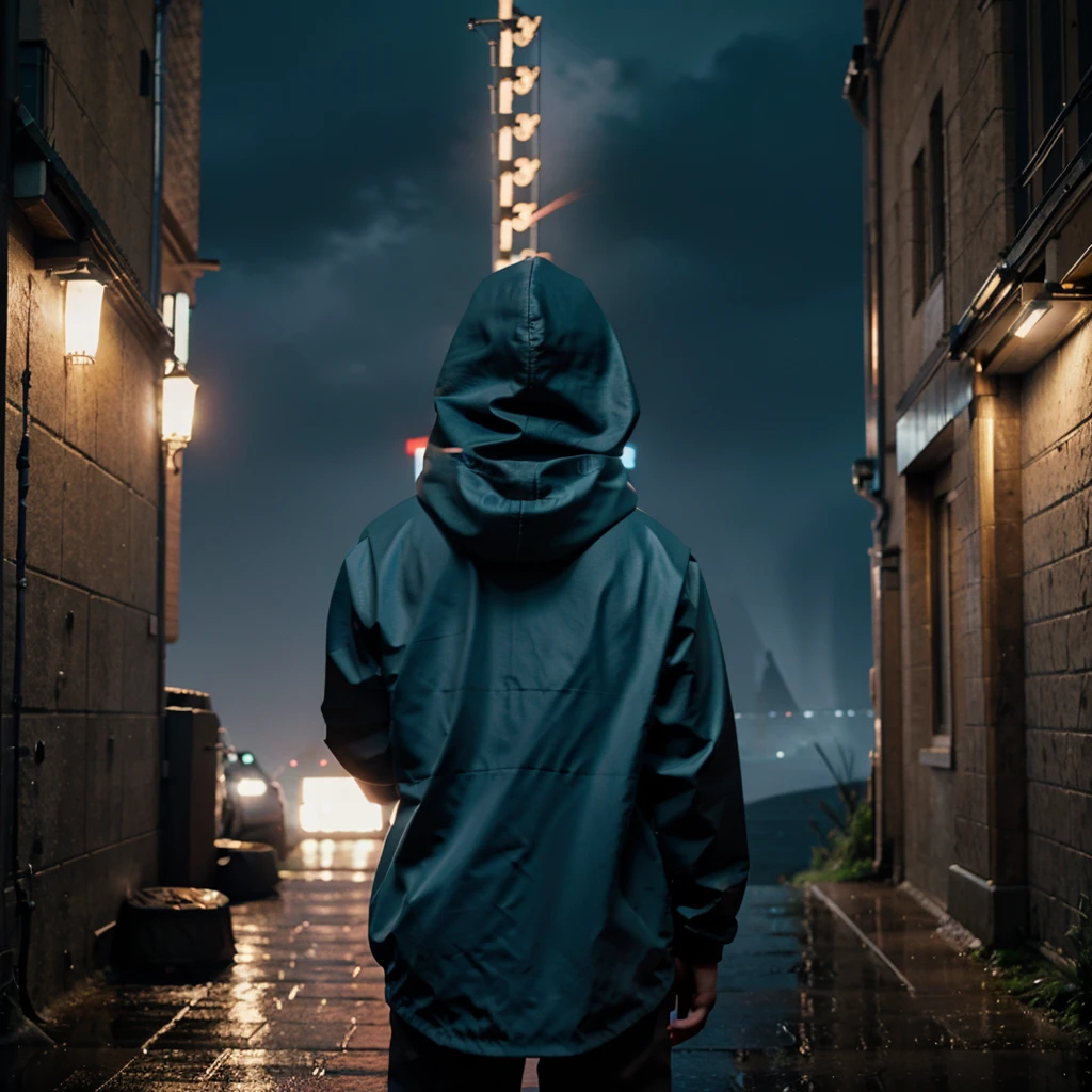 Scenery with rainy background with a man in a hood with his back to the night screen