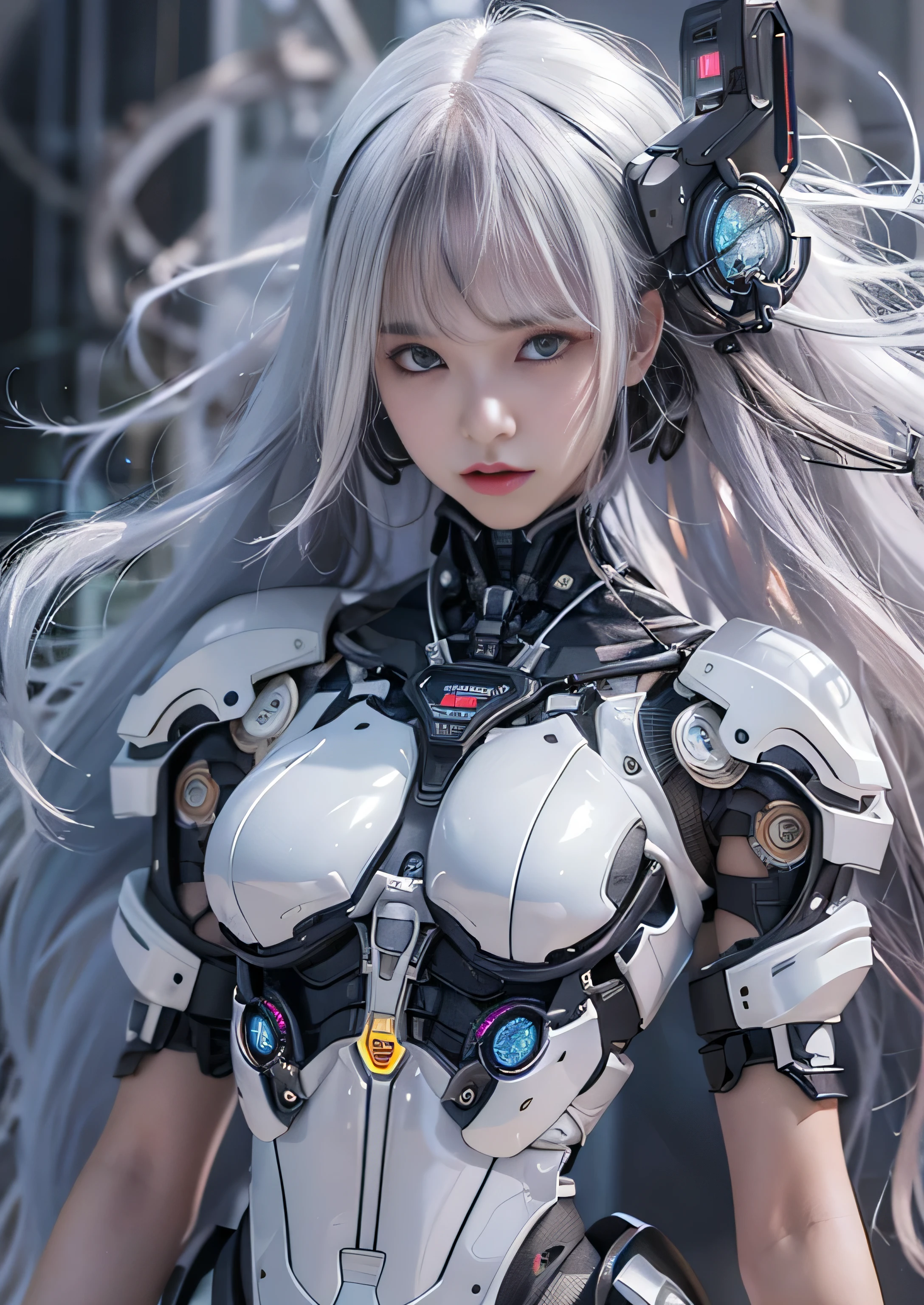 highest quality、master piece、超A high resolution、(Photoreal:1.4)、Raw photo、Combat Robot Angel、white porcelain body、Acrylic transparent cover、white hair、glowing skin、1 cyborg girl、((Ultra realistic details))、porate、global illumination、Black Shadow、octane rendering、8K、super sharp、character edge light,Huge 、Bare skin exposed between the breasts、The lower abdomen is exposed, thin pubic hair, intricate decorative details、Gothic Lolita details、hydraulic cylinder、Small LED Light、very intricate details、realistic light、purple eyes、shining eyes、towards the camera、neon light details、cowboy shot、futuristic headgear、About the Floor Plan《cyberpunk characters》、、