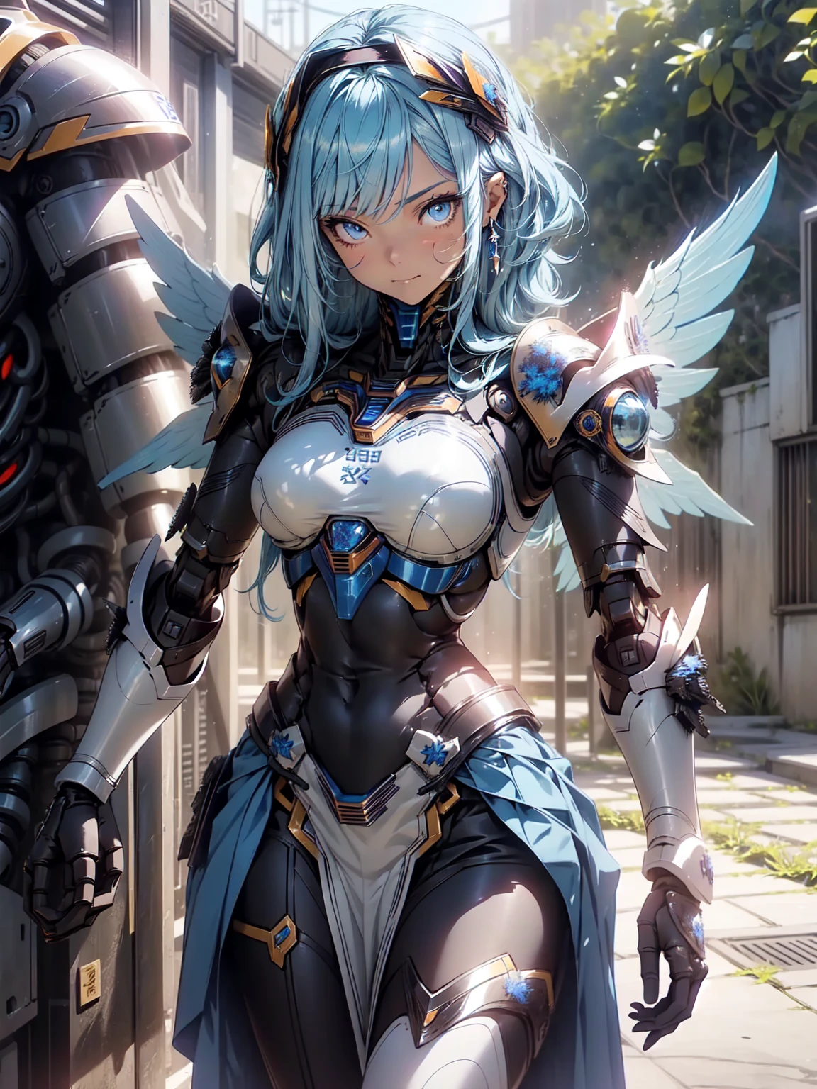 (delicate manga style:1.1), cool beauty, (one woman:1.0), (20-year-old:1.0), (small breasts:1.2), outdoor, Day, Sunny, outdoorで飛ぶ, over european cities, (wide shot:1.0), (Depth of written boundary:1.1), (From the side: 0.7), (From above:1.0), break、(anime face:1.0), (clear blue eyes:1.0), (Cybernetic Genoid:1.1), (highly detailed mecha suit:1.3), (blue gothic cuirass:1.2), (long silver hair:1.0), (Blue luxury armor skirt:1.3), (decorative embroidery:1.0), (angel wings:1.1), closed mouth、