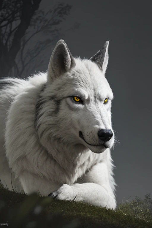 Lobo cuadrupedo animal de pelaje blanco y ojos amarilla mirando de frente al espectador en fondo de un bosque de noche con niebla 