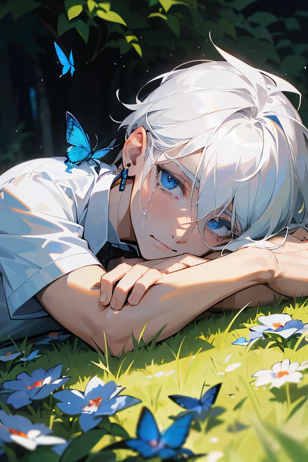 Excellent, masterpiece, white hair, blue eyes, hair, fair skin, man face with sharp angles in the garden park male bust shot lying on his side on the park grass with tears on his face a blue butterfly on his nose, clear despair in his eyes, white shirt, he is leaning onto his arm, he has black cross earrings