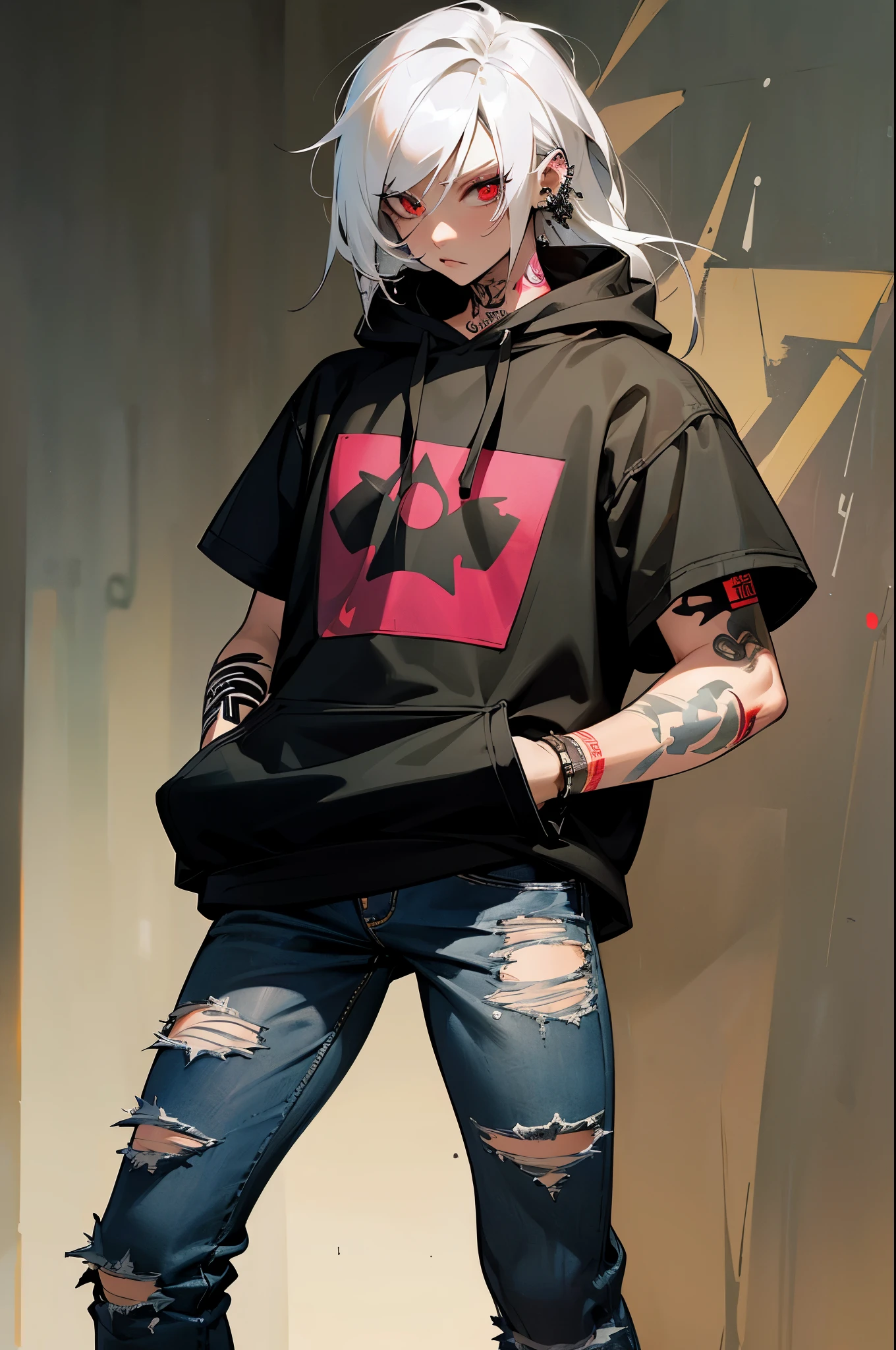 A cool and trendy cat, platinum hair, red eyes, wearing trendy hip hop clothing, wearing a hoodie, graphic t-shirt and torn jeans, tons of tattoos and piercings, graffiti style background, highly detailed background, perfect masterpiece, high quality, high resolution