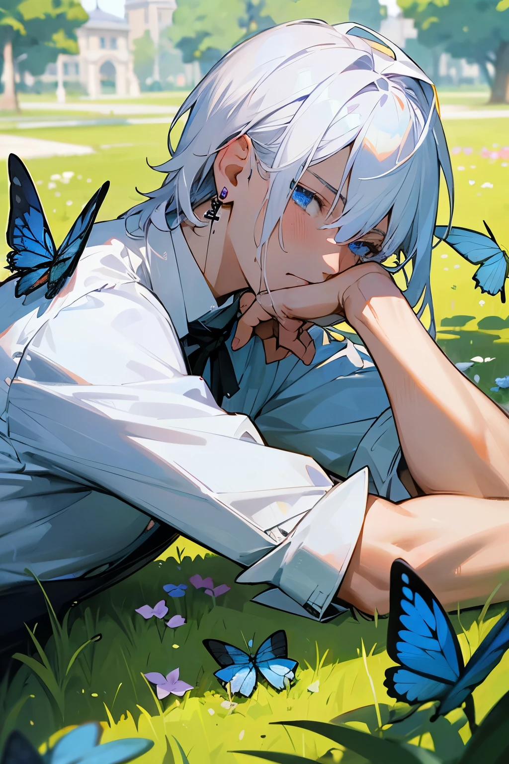 Excellent, masterpiece, white hair, blue eyes, hair, fair skin, man face with sharp angles in the garden park male bust shot lying on his side on the park grass with tears on his face a blue butterfly on his nose, clear despair in his eyes, white shirt, he is leaning onto his arm, he has black cross earrings