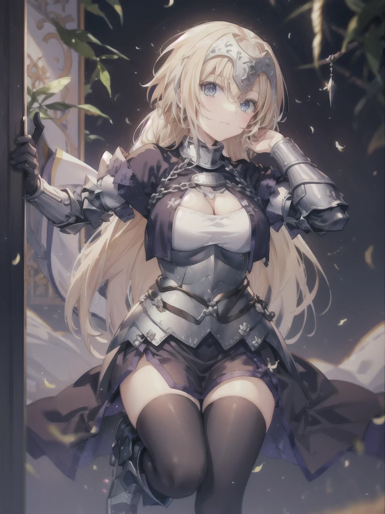 masterpiece, highest quality,BREAK Full Body、emphasizes the cleavage、 BREAK(1girl, jeanne d'arc (fate), long hair, solo, blonde hair, jeanne d'arc (ruler) (fate), armor, thighhighs, blue eyes, gauntlets, braid, weapon, armored dress, headpiece, single braid, sword)BREAK