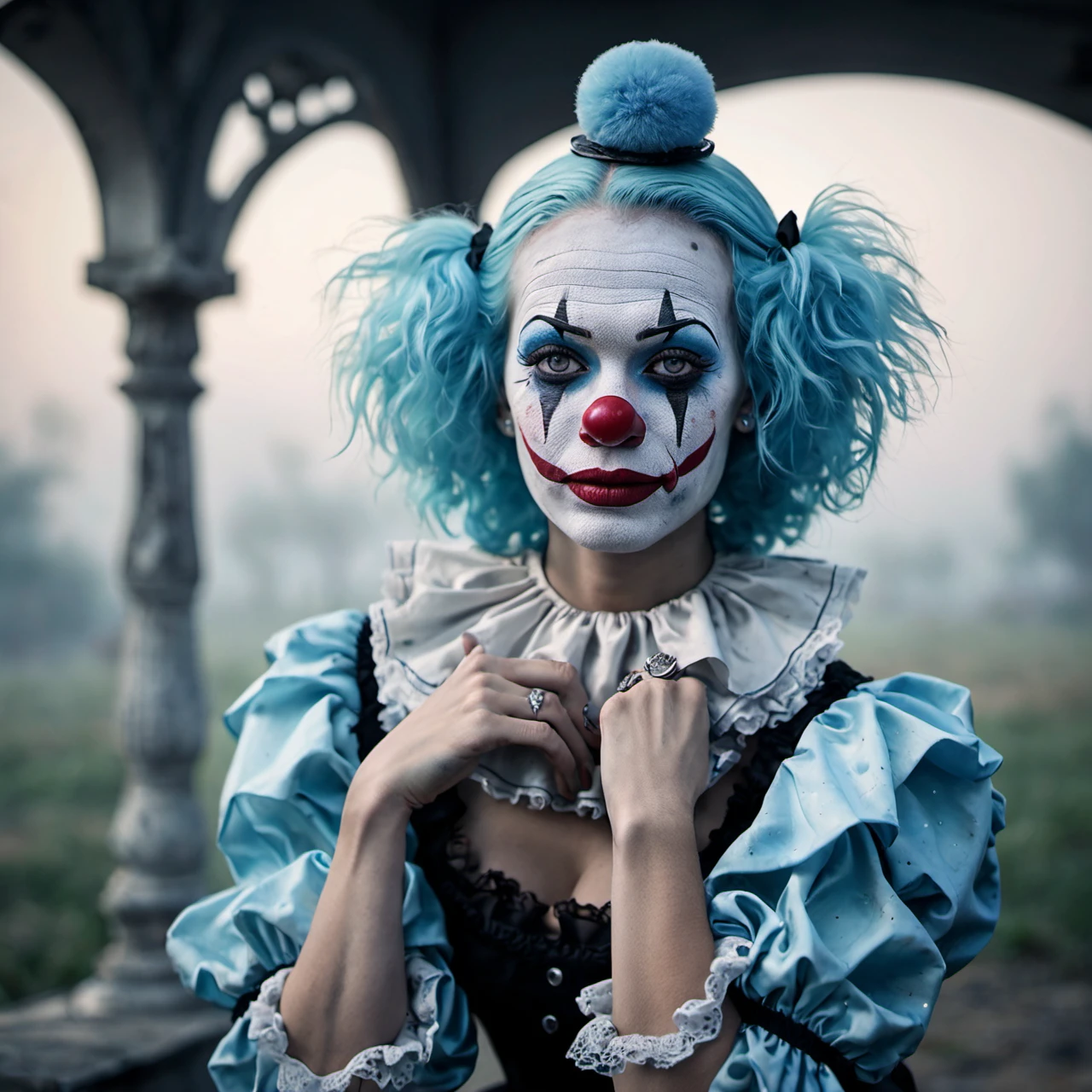 A place with a morbid look that resembles a funeral, (foggy:1.2), silhouetted in soft shadow (full body photograph:1.2) (Sky Blue colored clown outfit:1.3) (beautiful supermodel:1.1) resting her head on her hands detailed background bokeh 