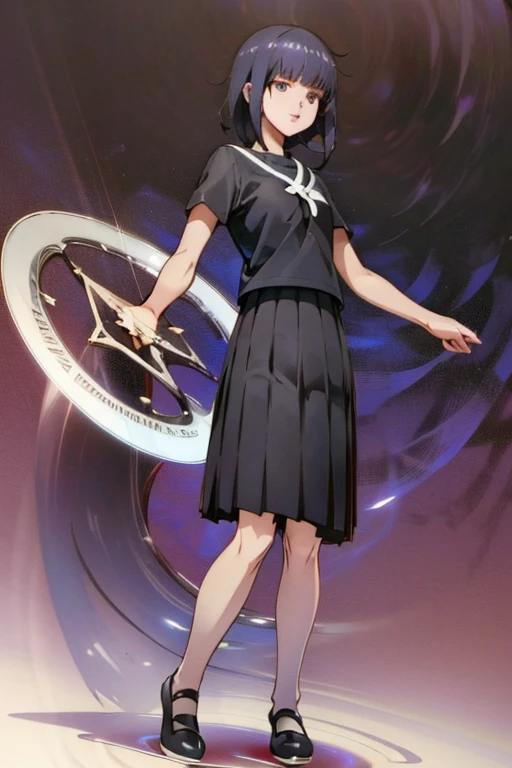 full body, 1girl, open mouth, detailed face, black hair, gloss hair, black eyes, highres, highly detailed face, Detailed eyes, white shirt, short sleeves, black high stockings, pleated skirt, evil smile, commanding pose, standing up, magic circle in the background, purple aura, detailed background,