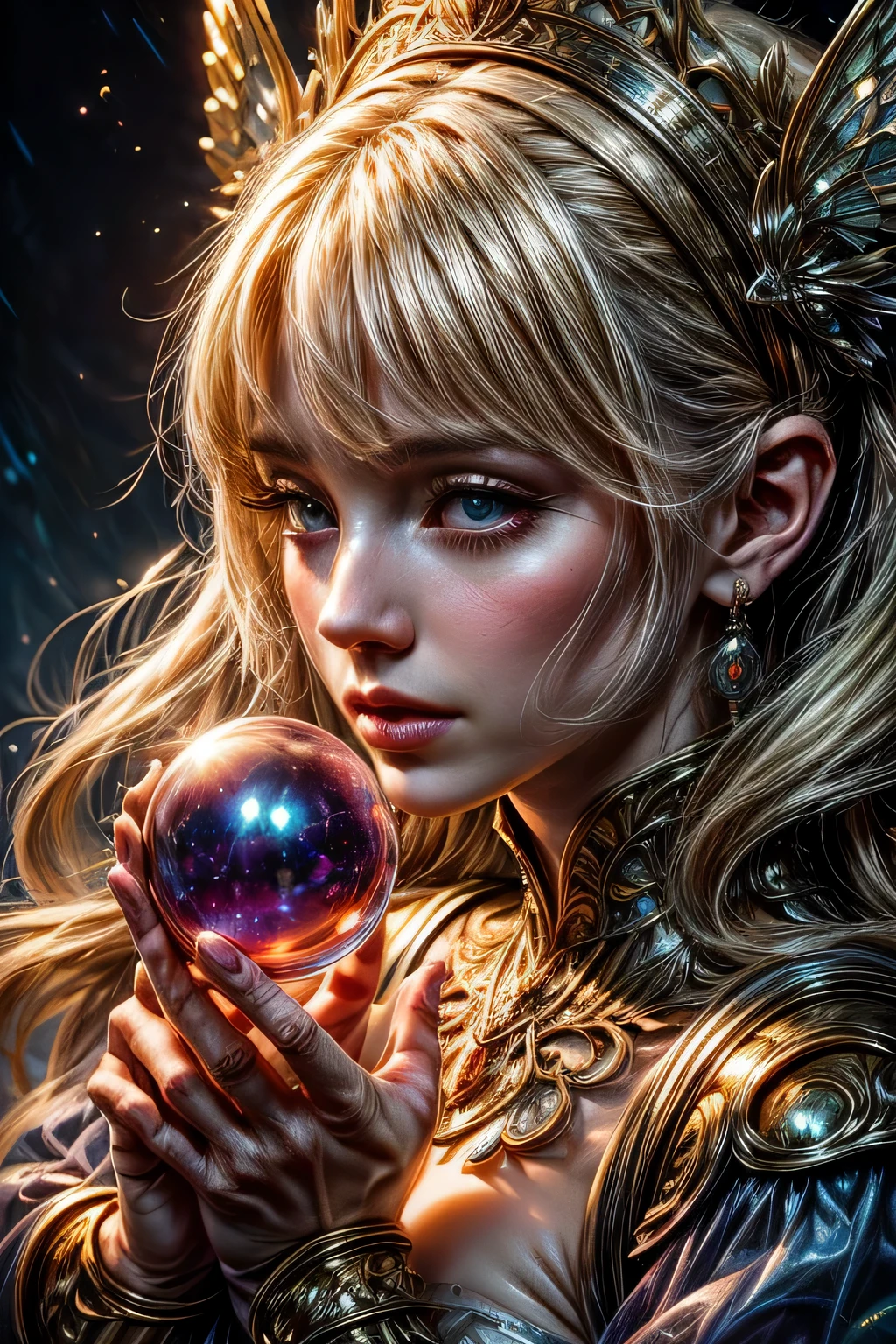 Painting of a woman in a dress blowing bubbles, Barbaric and WLOP, airy bubbles, Moebius + Barbaric + WLOP, dreamy and detailed, intricate WLOP, Close-up fantasy using water magic, fairy tale artwork, Fairy tale drawings, In the style of Anna Dittmann, WLOP art, realistic fantasy paintings, Art Germ Julie Bell Beeple, He holds a large crystal ball in each hand.、(((close up of face)))、sexy