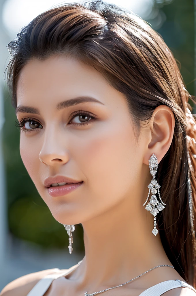 (obra maestra, Mejor calidad), Detalles intrincados, realista, photorealista, a close up of a woman wearing aretes, inspirado por Emma Andijewska, envuelto en cristales, color plata, long aretes, sandra chevier, huge aretes, 2019, De ojos azules, joyas de platino, arete, estructura impecable, silver arete,