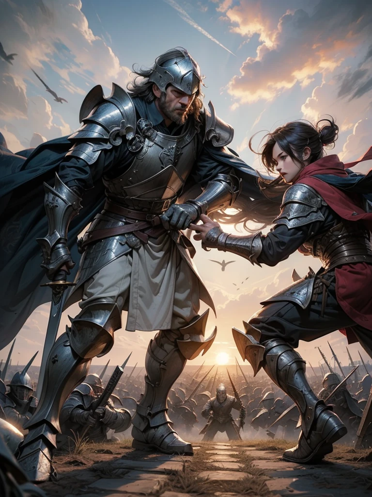 Medieval Europe,Male Knight,Wear a helmet, Burly man, full body armors, Batik long shirt, white robe, village,using a long sword, heroic, battlefield , dramatic sunset, smokes, Battle Siege, full body view,stand up,dynamic poses,farmer,riveeld,