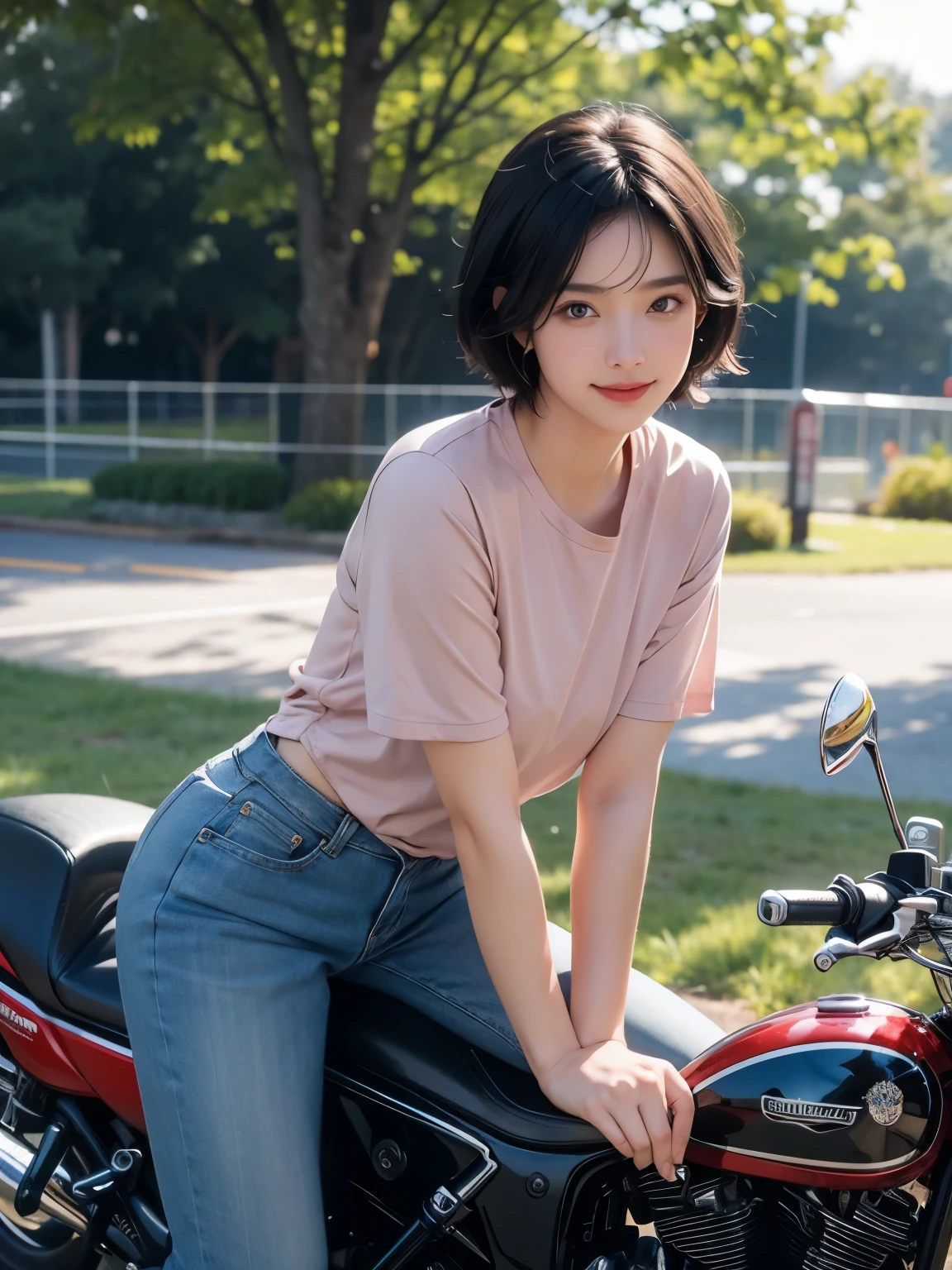 (masterpiece:1.3), (8K, realistic, Raw photo, highest quality:1.4), (realistic face), (black hair, short hair:1.3), beautiful hairstyle, realistic eyes, Detailed and beautiful blue eyes, (realistic skin), (beautiful skin), (((Straddling a motorcycle))), Charm, ultra high resolution, surreal, golden ratio, ((smile)), ((full body shot)), (((Red short sleeve shirt)))、(Black long pants and racing boots)