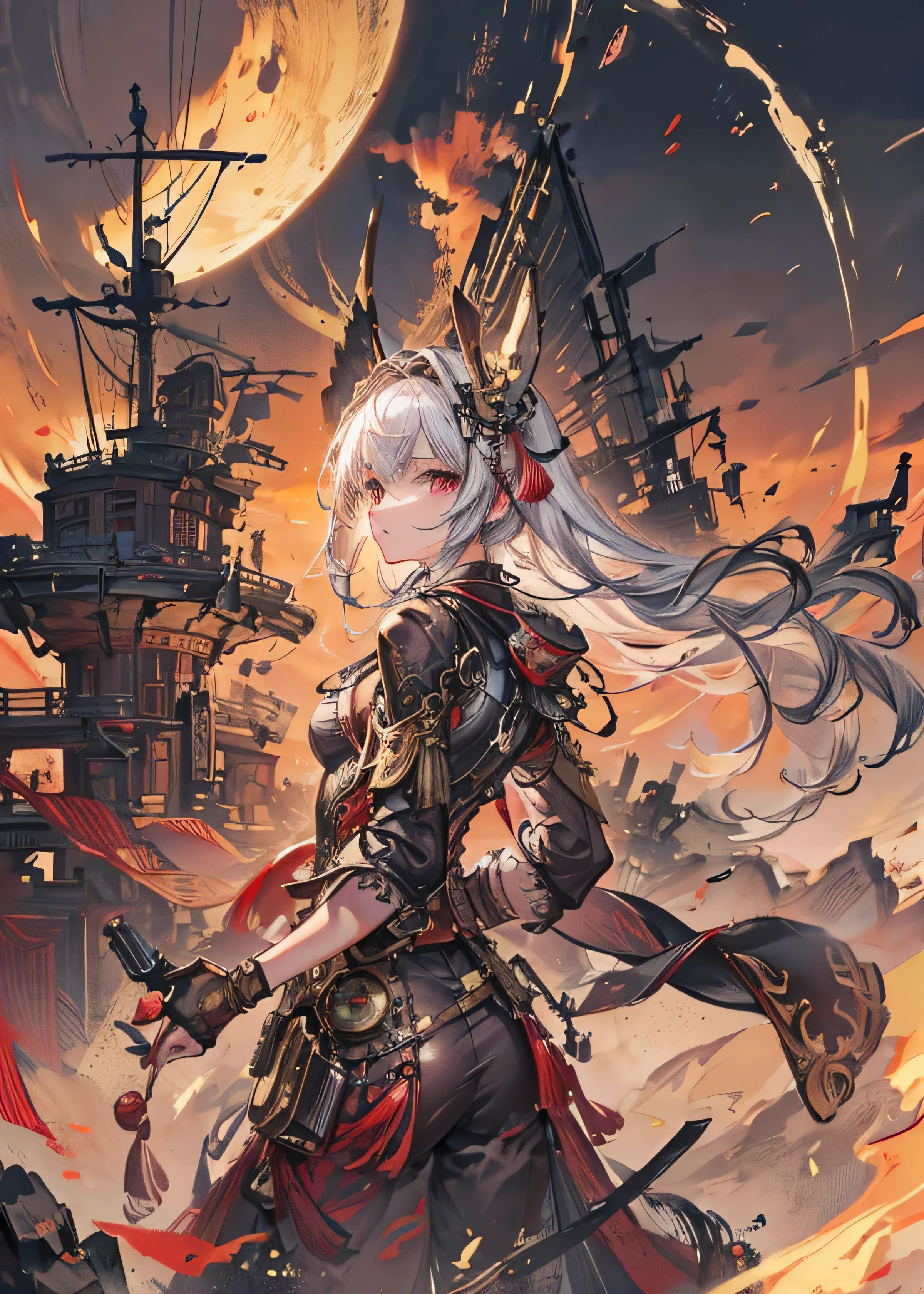 Steampunk,Chinese elements,destiny,stunning background,dusk