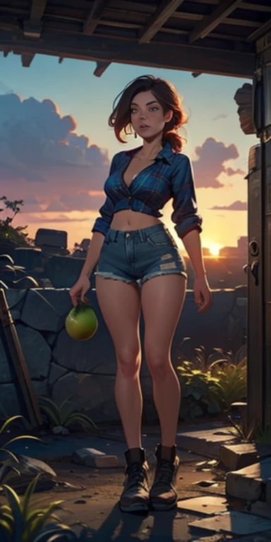 2076 year. The Urban Ruins of the Wasteland, Female huntress picking fruit in the garden, beautiful face, blonde, very torn shirt and denim shorts, shirt in tatters , long legs, sweating through, sun rising, Nice warm colors, head to toe full body shot