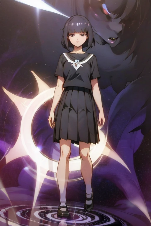 full body, 1girl, open mouth, detailed face, black hair, gloss hair, black eyes, highres, highly detailed face, Detailed eyes, white shirt, short sleeves, high stockings, pleated skirt, evil smile, commanding pose, standing up, magic circle in the background, purple aura, detailed background,