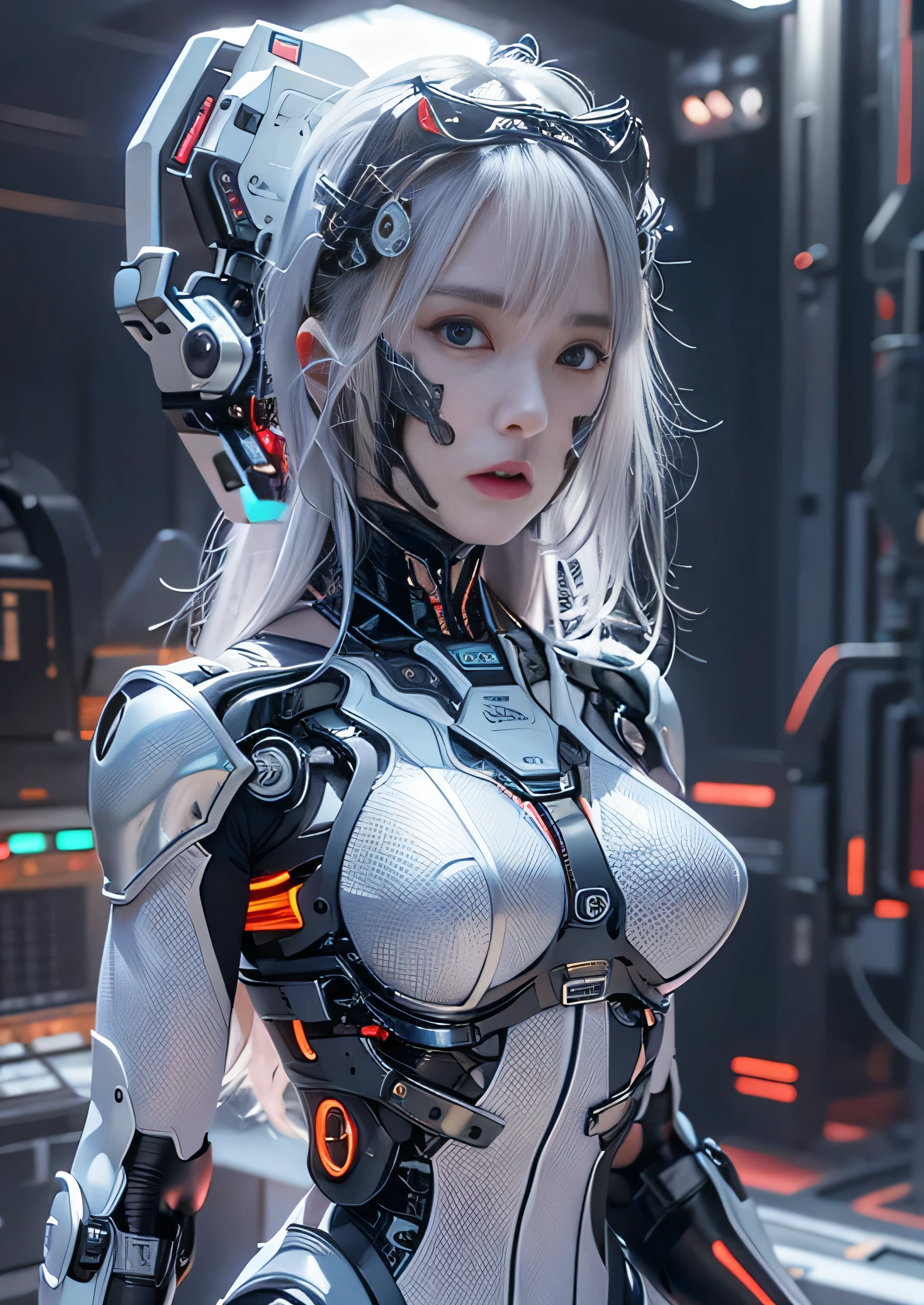 highest quality、master piece、超A high resolution、(Photoreal:1.4)、Raw photo、Combat Robot Angel、white porcelain body、Acrylic transparent cover、white hair、glowing skin、1 cyborg girl、((Ultra realistic details))、porate、global illumination、Black Shadow、octane rendering、8K、super sharp、character edge light,Huge 、Bare skin exposed between the breasts、The lower abdomen is exposed, thin pubic hair, intricate decorative details、Gothic Lolita details、hydraulic cylinder、Small LED Light、very intricate details、realistic light、purple eyes、shining eyes、towards the camera、neon light details、cowboy shot、futuristic headgear、About the Floor Plan《cyberpunk characters》、、