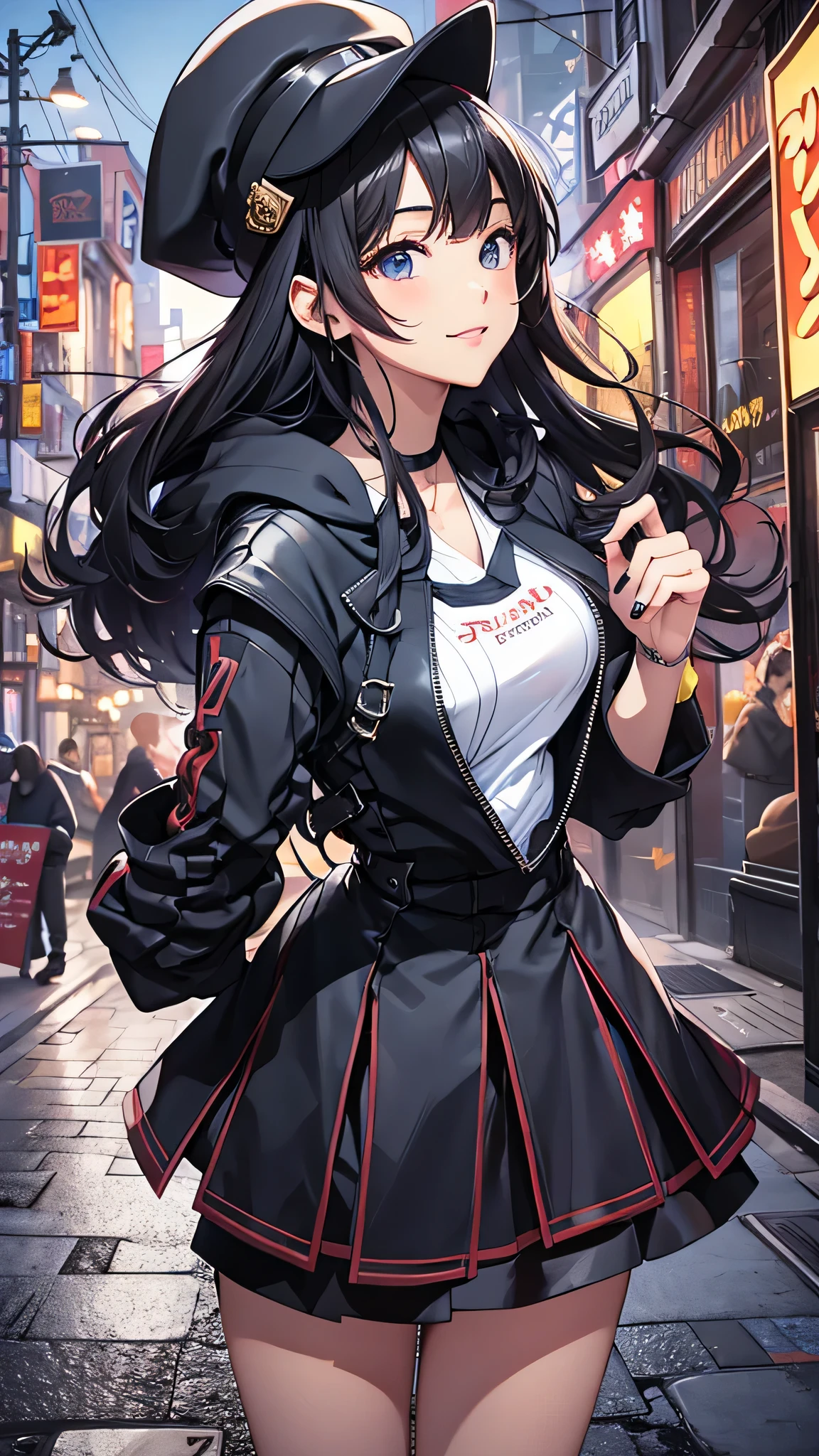 最high quality、best image quality、masterpiece、teenage girl((18-year-old、 By becoming、vest bust、medium bust,wide open breast tea、black eye, black hair、long hair、thin,highest valley、black hoodie(2:3),White skirt、back view、cute blue hat、smile、put your hands behind your back、The wind blows)),high quality、beautiful art、background((City of night、Restaurant area)),debris flies、Depth of written boundary、movie、visual art、perfect art、8K,genuine