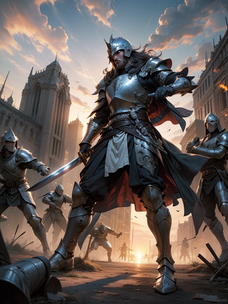 Medieval Europe,Male Knight,Wear a helmet, Burly man, full body armors, Batik long shirt, white robe, village,using a long sword, heroic, battlefield , dramatic sunset, smokes, Battle Siege, full body view,stand up,dynamic poses,farmer,riveeld,Long shot
