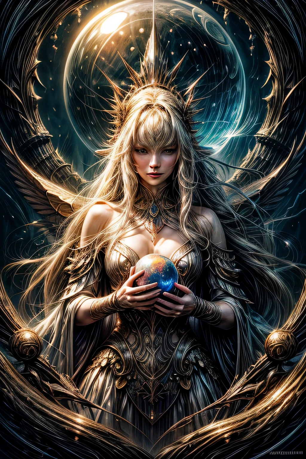 Painting of a woman in a dress blowing bubbles, Barbaric and WLOP, airy bubbles, Moebius + Barbaric + WLOP, dreamy and detailed, intricate WLOP, Close-up fantasy using water magic, fairy tale artwork, Fairy tale drawings, In the style of Anna Dittmann, WLOP art, realistic fantasy paintings, Art Germ Julie Bell Beeple, He holds a large crystal ball in each hand.、