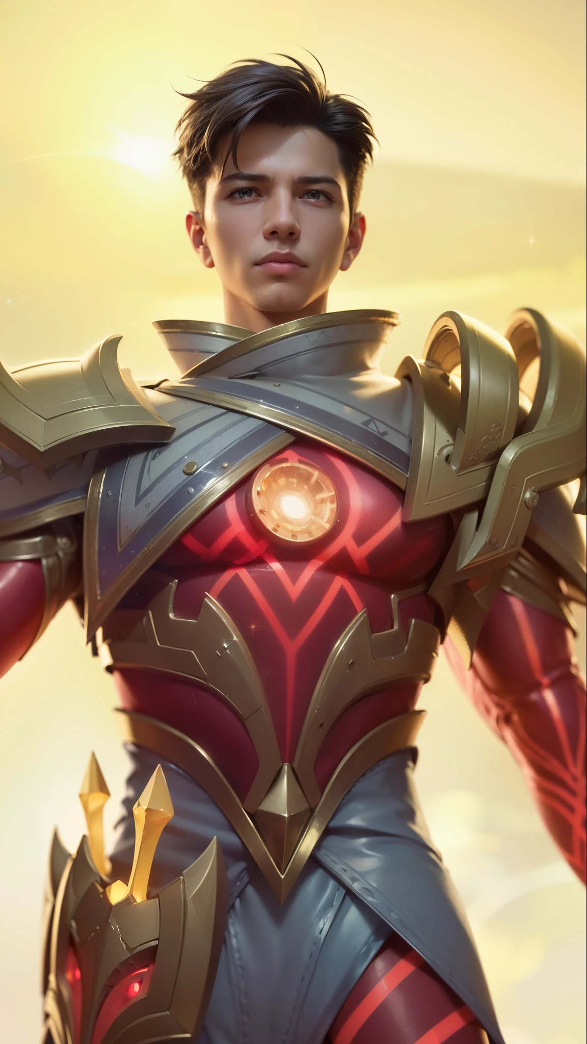a close up of a boy in a suit with a glowing light, 8 k hd wallpaperjpeg artifact, 8k hd wallpaperjpeg artifact, artgerm detailed, fantasy rpg symmetrical portrait, paladin golden armor, guildwar artwork, extremely detailed artgerm, kaladesh concept art. mechanical, dressed in light armor, masterpiece, ((perfect eyes)) best quality, (semirealism:1.9), beautiful lighting, (extremely detailed CG unity 4k fhd wallpaper), High Detail, Sharp focus, dramatic outdoors, 1 boy ,19 years old, light yellow eyes, 8k, ultra hd, ultra detailed texture, hyper realistic, masterpiece, detailed texture, detailed face, detailed skin, detailed lighting, (photorealistic:1.5), best quality, beautiful lighting, cinematic lighting, professional lighting, ultra highres, realistic, detailed hair, real hair, high quality, (realskin:1.5), extremely detailed, finely detail, ultra-detailed