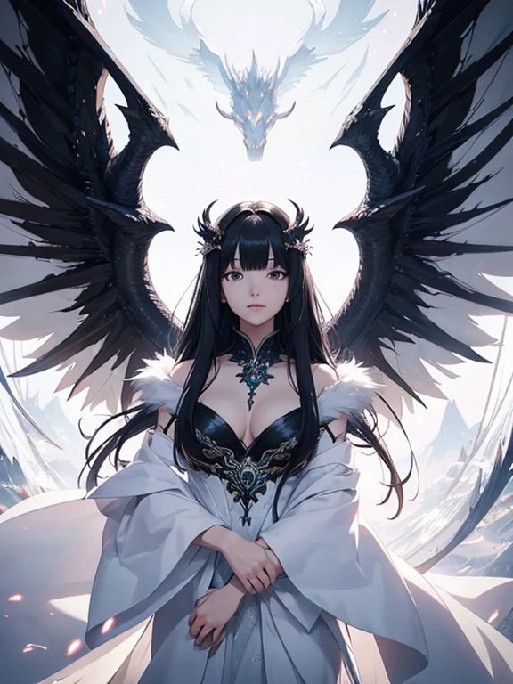 A woman with raven-black hair cascading down her shoulders and donning a pristine white dress stands before a mesmerizing white dragon in this close-up, beautiful anime portrait. The intricate art is rendered in exquisite 8K high quality, showcasing the stunning anime face portraits and meticulously detailed digital anime art that Gviz is renowned for. The beautiful young Japanese-style Spirit is depicted with a highly detailed art germ, imbued with enchanting fantasy anime elements, and the dragon's wings spread majestically behind her. The profoundly captivating image boasts immaculate 4K anime style that only Gviz's masterful