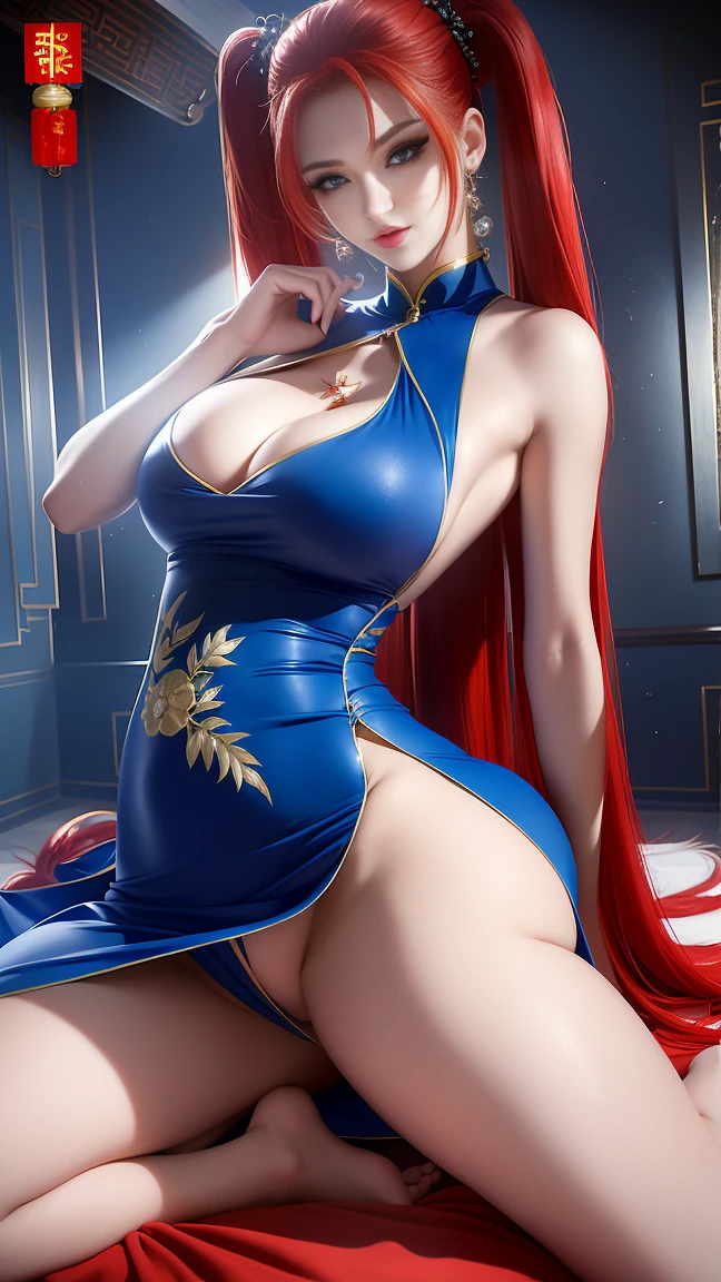 gray hair, , redhead, master painting, 8K qualthaty, master painting, 8K qualthaty, (substandard small breasts)、, Succubus, devil&#39;wing, Delicate eye depiction, Delicate depiction of eyelashes, 繊細でDelicate eye depiction, Delicate depiction of facial features, Delicate depiction of physical characteristics, Delicate depiction of makeup, Metal Chain, long hair, ((red hair color))、slender body, open chest, long legs, ((exposed)) ((I was injured)) Bloodstained, that&#39;come, gorgeous jewelry, areola, dream-like, barefoot、face like an idol、((show me your nipples))、Posthative character on thigh、、((shorts))、((((topless))))、、((braided hairstyley breasts are too big)))、macromastia、(thick ass)、big ass、(big thighs)、thick thighs、((blue eyes))、((((((China dress))))))、black color、((curved body))、(((China dress装)))、((Last))、(twin tails)