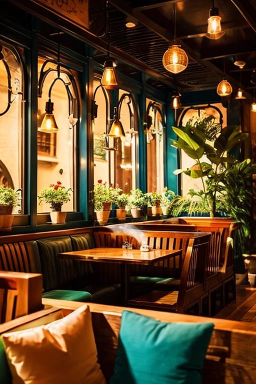 anime style, level, The interior of the coffee shop is painted with exquisite detail and vibrant colors.. Delicate steam rises from a hot coffee cup on a table, Seats have soft cushions, lots of potted plants, Create a cozy and inviting atmosphere. Soft lighting casts a warm, beautiful glow on the dreamy scene, It's evening, An ideal place to relax and escape from reality.