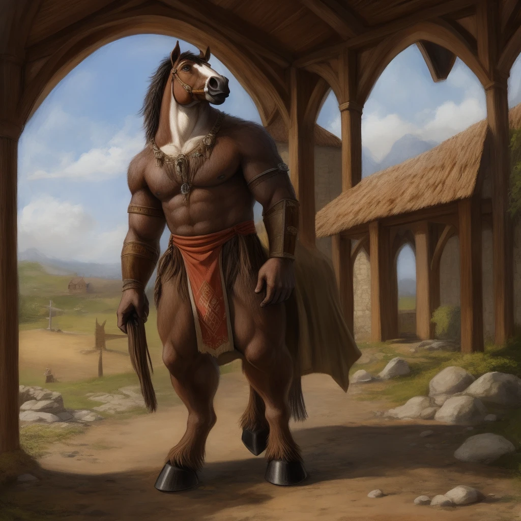 Furry, Antro, Equine, loincloth, hooves, medieval, Brown, White, Solo