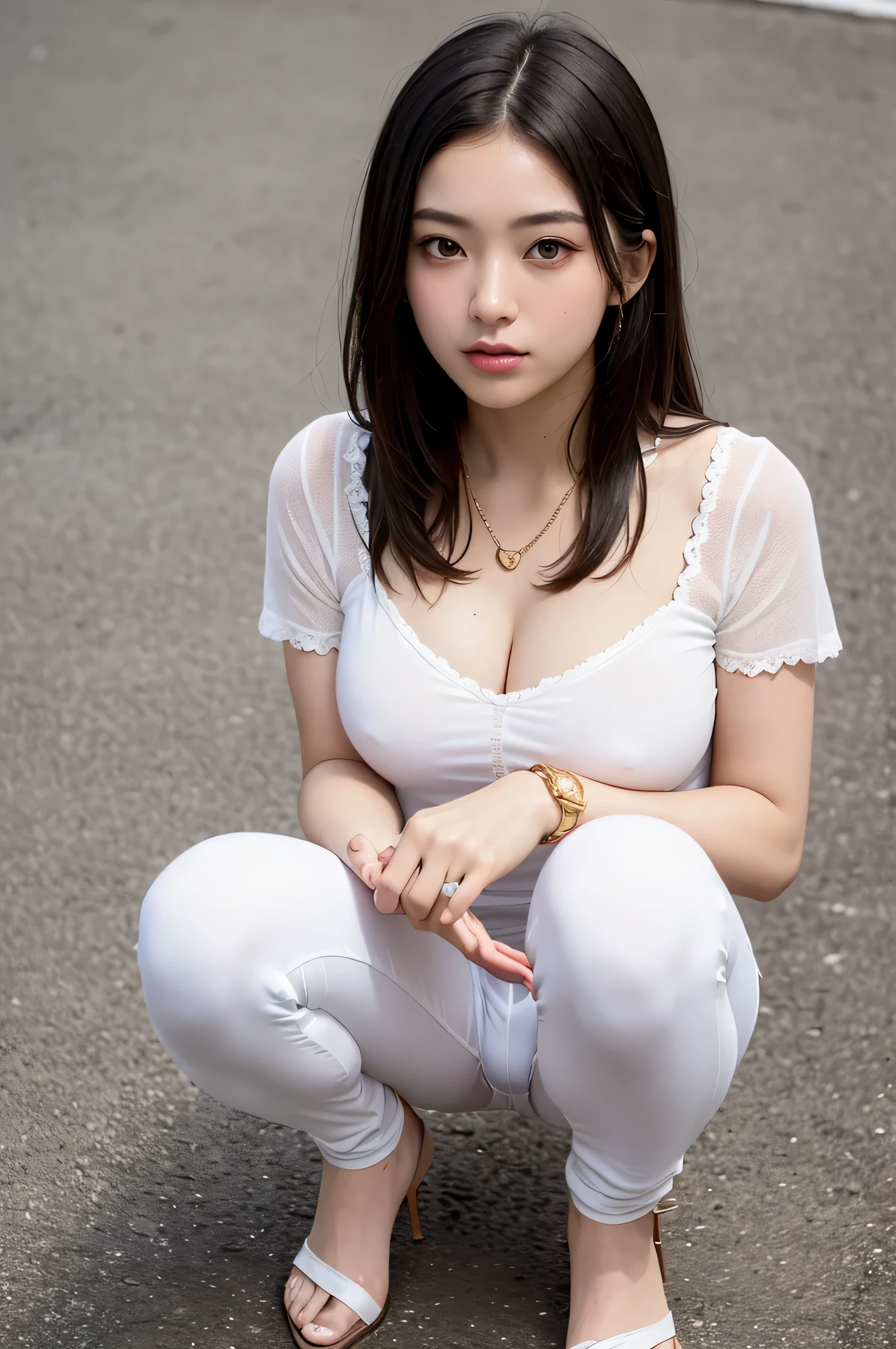 (super beautiful)、(beautiful face:2)、(detailed face:1.1)、(european:1.5)、(Miss Universe)、(she stood up:1.1)、(red dress made of thick fabric:1.1)、(Raise the hem of a dress:1.5)、(Please show me your white pants:1.5)、(dressing:2)、high heels、(Wearing heavy makeup)、(golden hair:1.4)、(blue eyes)、(thin:1.1)、perfect fingers、necklace、bracelet、gyuru、on stage、(Taken from above the knees:1.2)、(At SFW)highest quality、High resolution、Super detailed、masterpiece、Raw photo、realistic、Photoreal、very delicate and beautiful、finely、rough skin、1 girl、(alone)、(alone)、full shot、(sky from below:1.1)、(Height is 170cm)、(25-year-old model)、Athlete body type、thick thighs、barefoot、(golf green:1.1)、(golf wear)、(mini skirt)、golf shoes、(body facing the camera:1.5)、(open crotch squat)、(open your legs:1.3)、(Crouch down and check the situation on the green..)、(Place your palms on your knees,,,,:1.5)、(beautiful face:1.7)、brown shortcut、(show panties:1.3)、(white panties)、dark pubic hair、(golf wearを脱がないでください)、(At SFW:1.2)