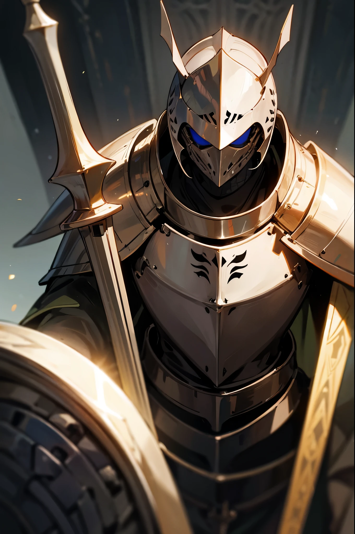 Medieval knight, medieval knight helmet, glowing armor, male, masculine,