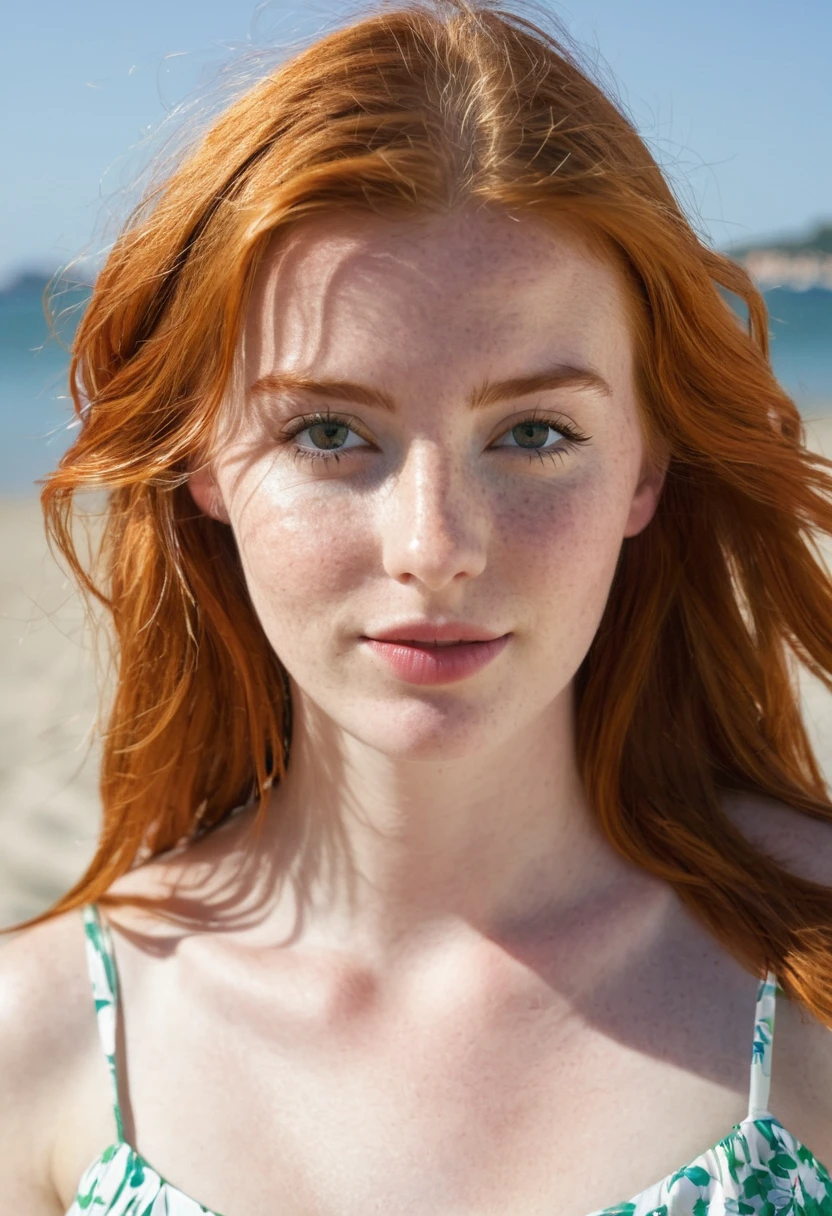 redheaded young woman on the beach in St-Tropez