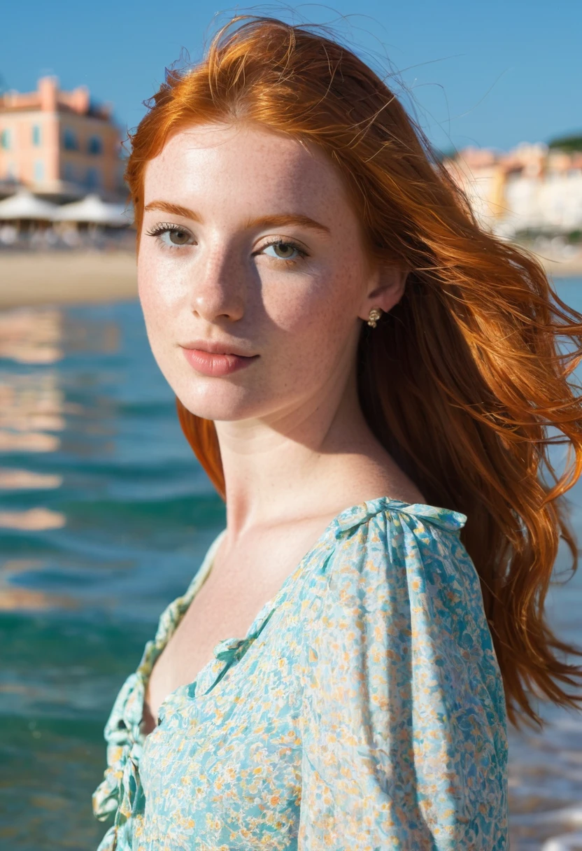 redheaded young woman on the beach in St-Tropez