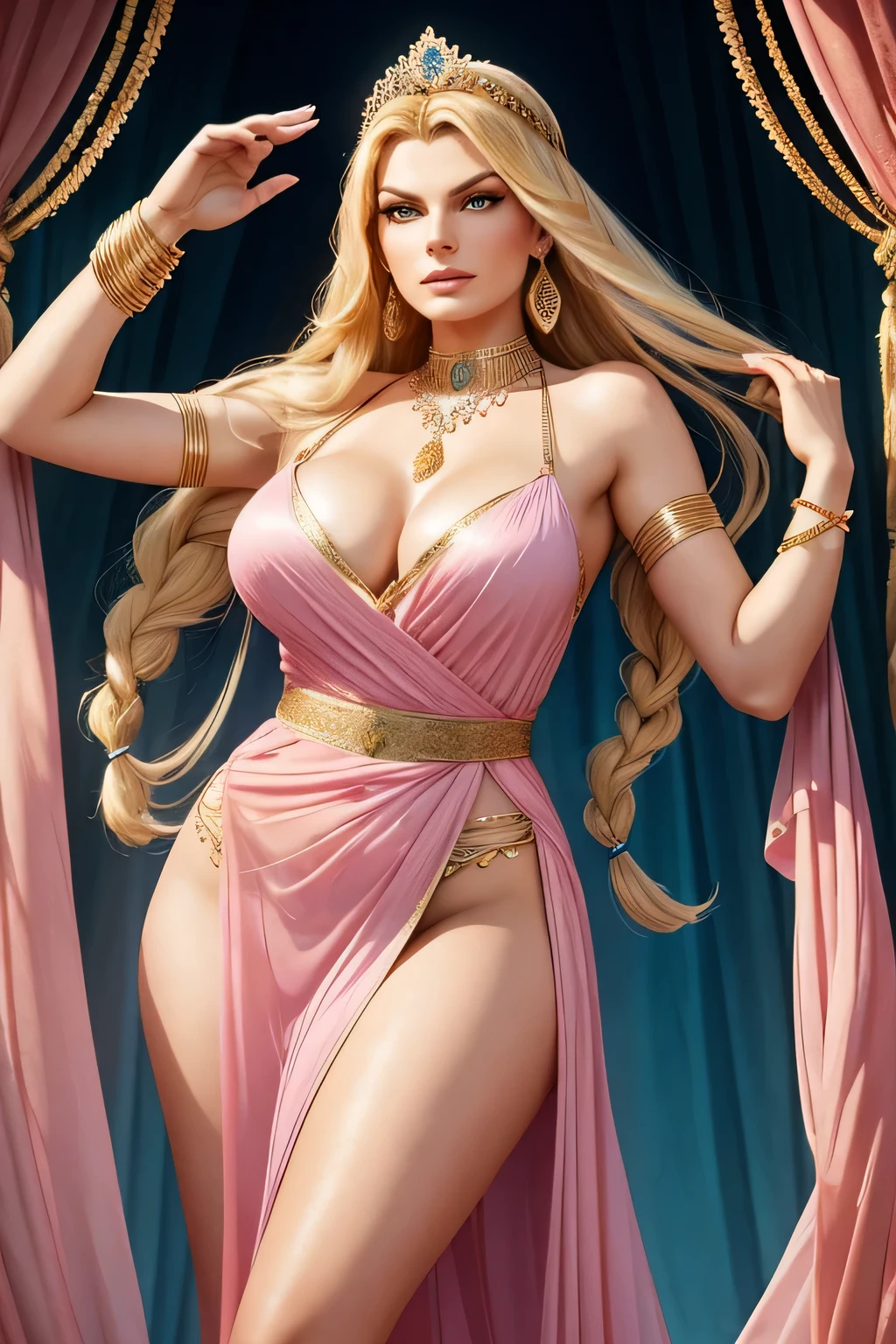 Anita Ekberg, 29 years old, as a mythological diva, in a long dress with side slits, exposed thighs, transparent blue fabric, long pink dress with gold details and long fringes, pink armbands, long blue bracelets, gold choker necklace, tiara pink, large hoop earrings, green headband, majestic pose, blonde hair with braids, Curvilinear athletic body, light eyes, look-at-camera, facial expression of tenderness, Romanticism, Desert Theater, Theater stage, Scenic light, Drapeja .