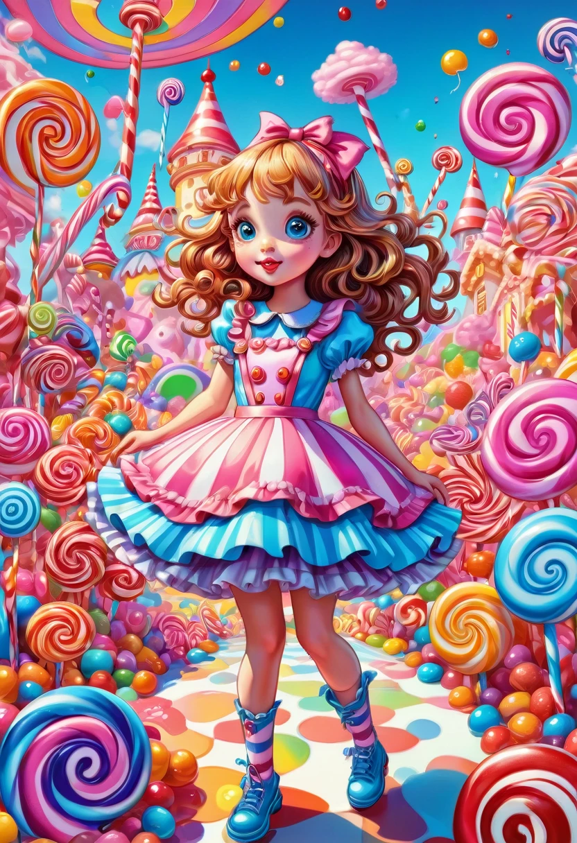 1girl, Candyland, aesthetic, vibrant colors Candyland wonderland gouache swirls detailed Candy art style! Whimsical playful colorful! candy!!! 🍬🍭 Candyland art!! “Hyperrealistic hyperdetailed highly detailed, digital illustration” postmodernism, artstation, poster art, dynamic lighting, cel-shaded, ray tracing reflections