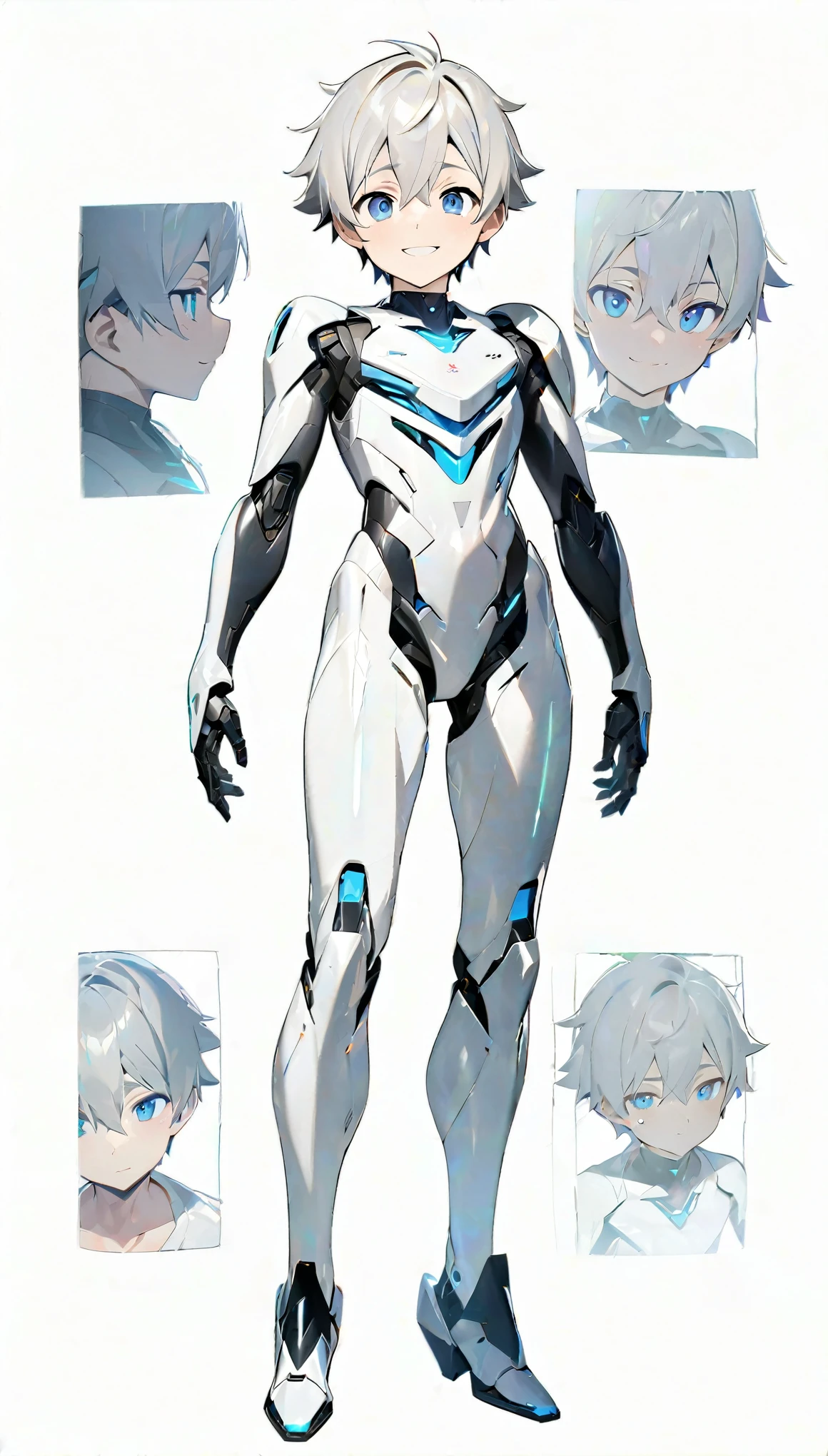 (((masterpiece:1.5))), full body image, anime robot boy, 1boy, ((shota)), shiny, ((white)), smooth, (((sleek))) robot body with accents, heeled feet, silver hair, gentle face, blue eyes, calm, smiling expression, plain white background