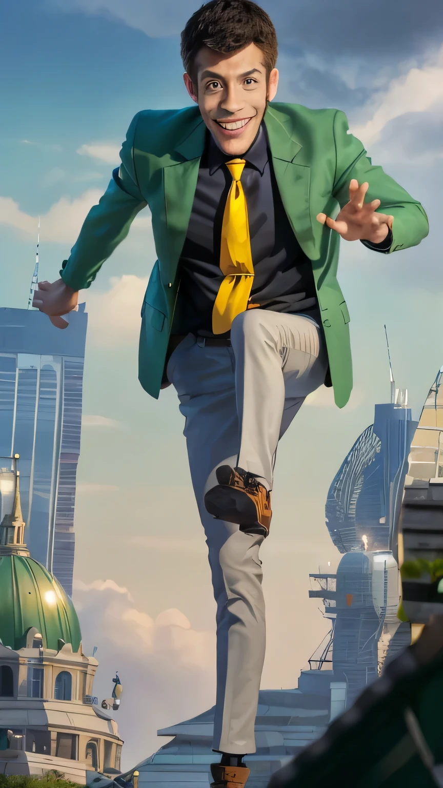 (highest quality, masterpiece, Raw photo,Super detailed:1.2), 1 man,alone,looking at the viewer, smile,
 green jacket, yellow tie, black shirt, Lupin, Running a city, from below, night,