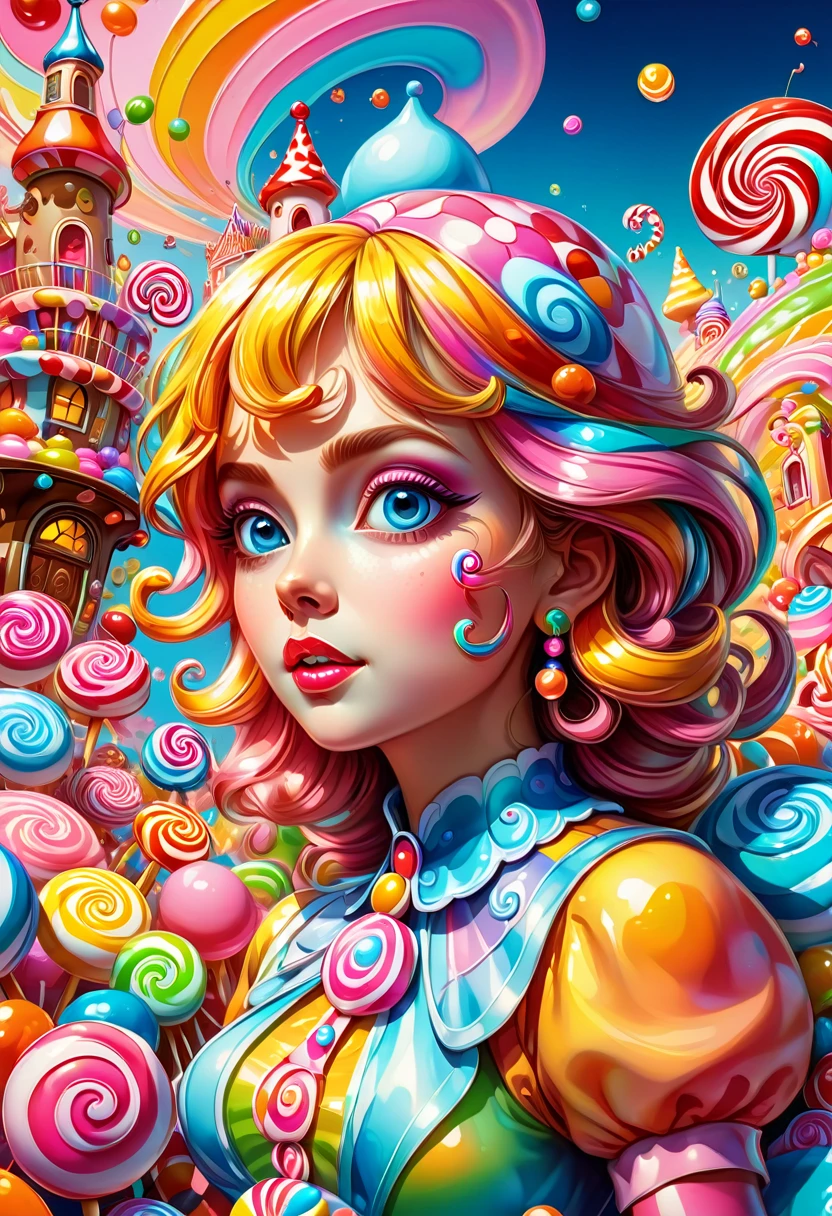 1girl, Candyland, aesthetic, vibrant colors Candyland wonderland gouache swirls detailed Candy art style! Whimsical playful colorful! candy!!! 🍬🍭 Candyland art!! “Hyperrealistic hyperdetailed highly detailed, digital illustration” postmodernism, artstation, poster art, dynamic lighting, cel-shaded, ray tracing reflections