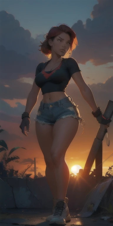 The Urban Ruins of the Wasteland, Female huntress picking fruit in the garden, torn shirt and denim shorts , sweating through, sun rising, Nice warm colors, The best volumetric lighting, Hyper Contrast, There is a live cat next to it