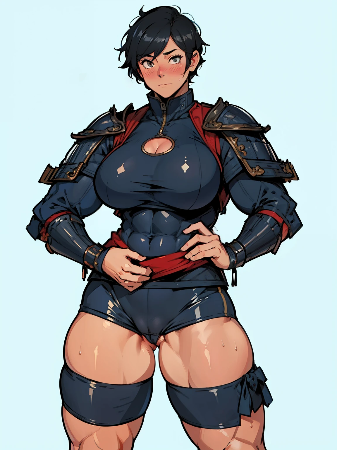 (high resolution, pixel perfect, gorgeous illustrations), (hyper quality, muste piece, etheric: 1.4), (((1girl))), (((((((pussy))))))), tattoo, mature woman, cool atmosphere, black hair, ((((very short hair)))), (((blush))), (((((((muscular))))))), ((thick thighs)), (((wide hips))), ((Big breasts that are about to burst)), fighter, (((woman))), ((((wh_chi_armor)))), (((bike shorts))), lewd woman, (shiny skin), sweat, simple background,