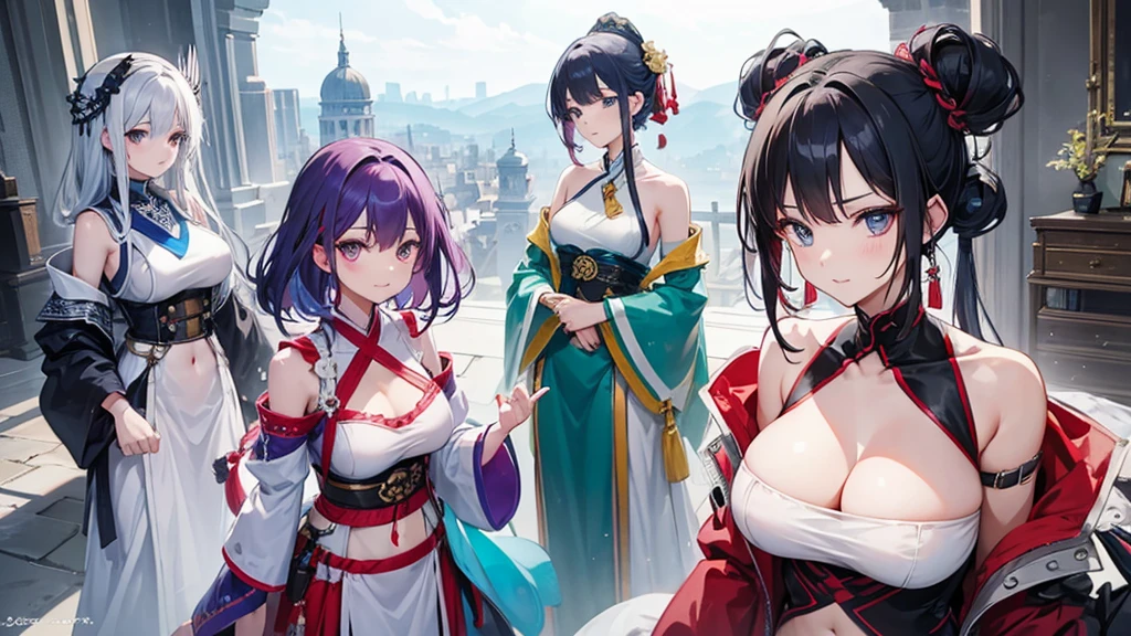 four people,woman,There is a sense of distance,Sexy off-the-shoulder,Open navel,Hanfu,red hair purple eyes,Blue hair and green eyes,Black hair, blue eyes,White hair and golden eyes,Take a sword,Want to fight