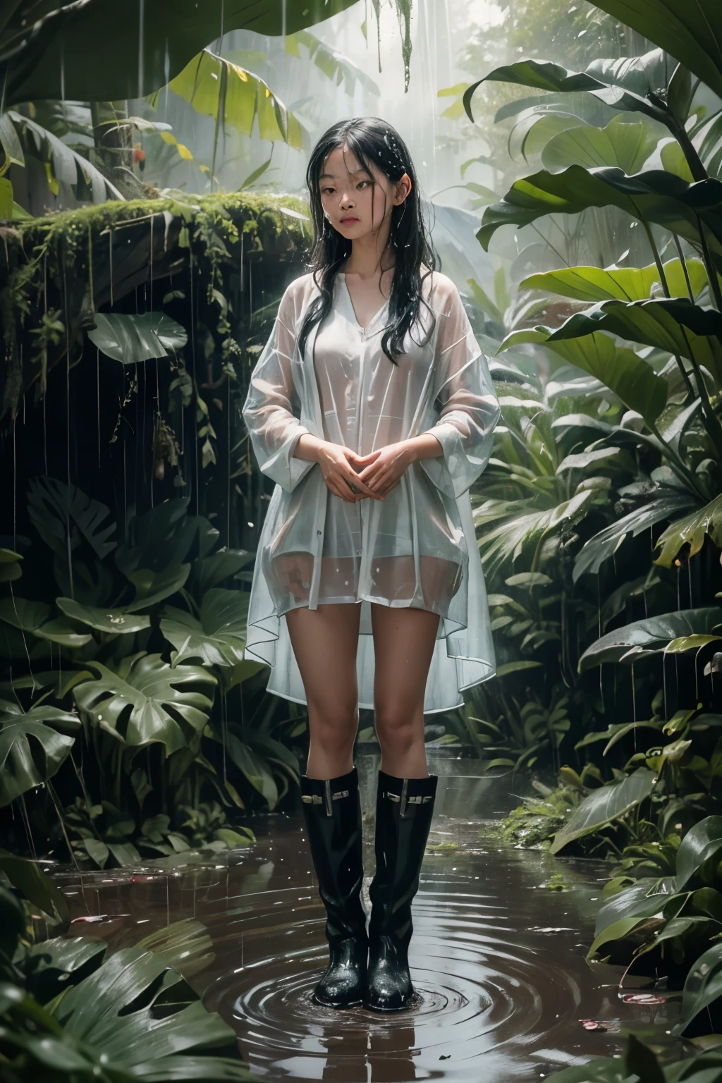 Leak Bali (RAW: 1.5), (Realistic: 1.3), (Clarity: 1.3), (Scene: Tropical rainforest), (Two persons), 35 years, ((Height: 1.7)), ((Average Build: 1.0)), ((Raincoats and boots), (Leaking roof), (Muddy environment)), ((Detailed: Finely detailed), real puddles, tangled foliage, rain droplets on faces, wet leaves, slick tree trunks, (using vibrant colors for raincoats and boots), (Dynamic movements in the scene), (Wide-Angle Lens)), (