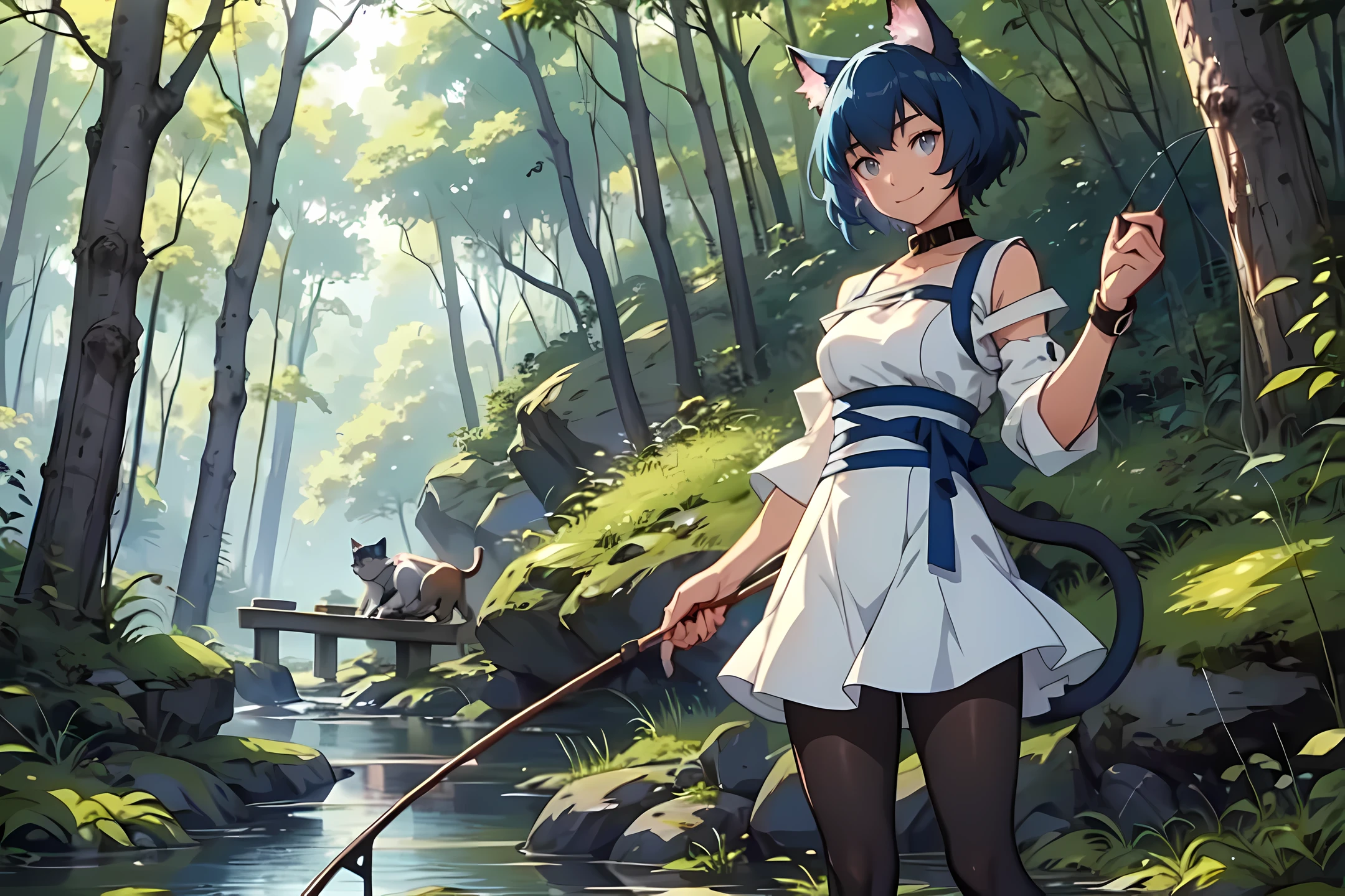 Anime, miria, cat ears, (cat tail), fishing, Chaos, holding (fishing rod) in hand, masterpiece ,pantyhose, boots,magicalgirl body suit, large skirt, smile,standing, forest, blue hair