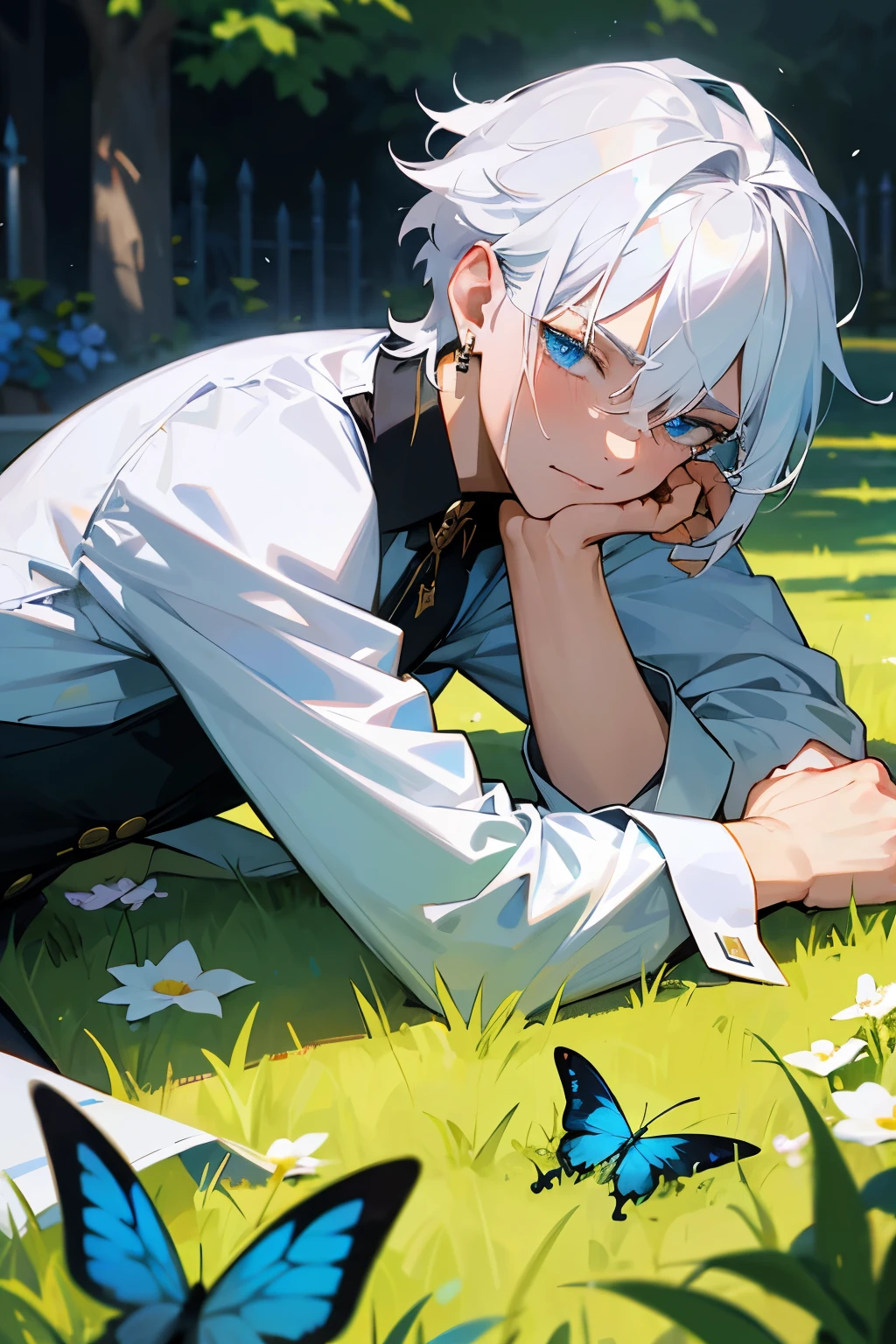 Excellent, masterpiece, white hair, blue eyes, hair, fair skin, man face with sharp angles in the garden park male bust shot lying on his side on the park grass with tears on his face a blue butterfly on his nose, clear despair in his eyes, white shirt, he is leaning onto his arm, he has black cross earrings, he wears three rings on each hand
