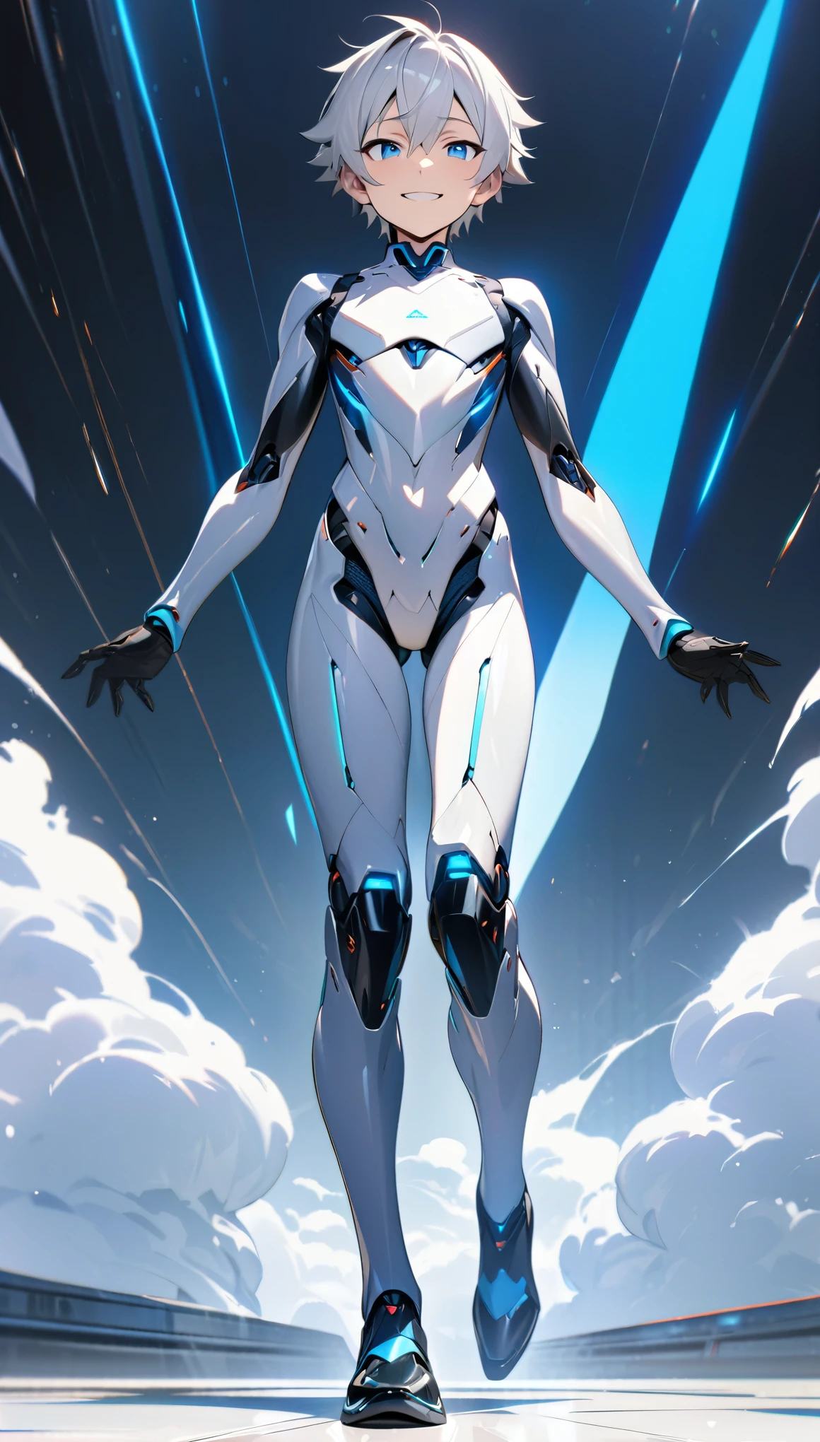 (((masterpiece:1.5))), full body image, anime robot boy, 1boy, ((shota)), shiny, ((white)), smooth, (((sleek))) robot body with accents, heeled feet, silver hair, gentle face, blue eyes, calm, smiling expression, plain white background