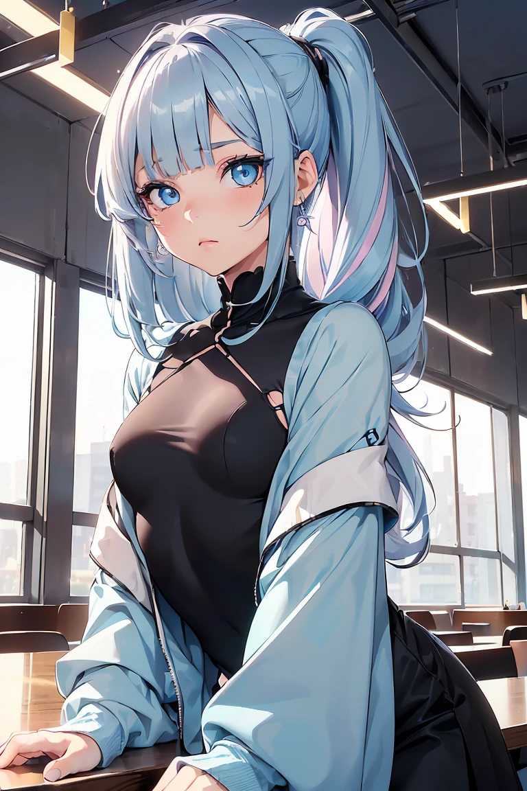 ((1 girl)), latest trend clothes, table top, (Dozing off), library, Street fashion,cute costumes, medium breasts, ponytail, black tights,sit,((Super detailed,highest quality, High resolution, 8k wallpaper, beautiful clothes,)),((Small story、pastel colored hair, shortcut, ((asymmetrical bangs)) ,(light blue eyes),eye shadow, eyeliner,Glow eye, highly detailed eyes, complicated eyes, beautiful eyes, 輝くlight blue eyes、18 year old girl, five fingers